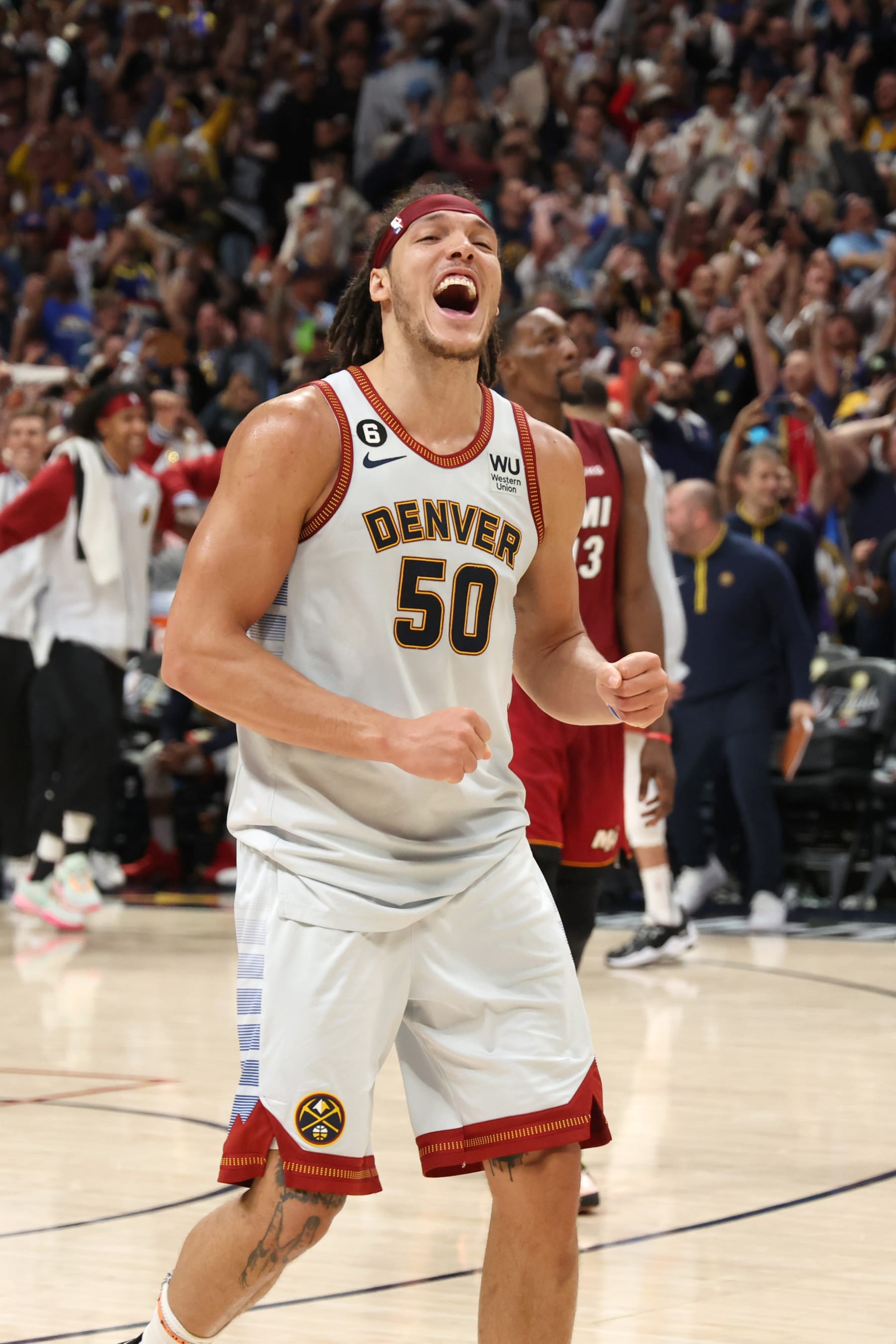 DENVER, CO - JUNE 12:  Aaron Gordon #50 of the Denver Nuggets celebrates at the end of Game Five of the 2023 NBA Finals against the Miami Heat on June 12, 2023 at Ball Arena in Denver, Colorado. NOTE TO USER: User expressly acknowledges and agrees that, by downloading and or using this Photograph, user is consenting to the terms and conditions of the Getty Images License Agreement. Mandatory Copyright Notice: Copyright 2023 NBAE (Photo by Joe Murphy/NBAE via Getty Images)