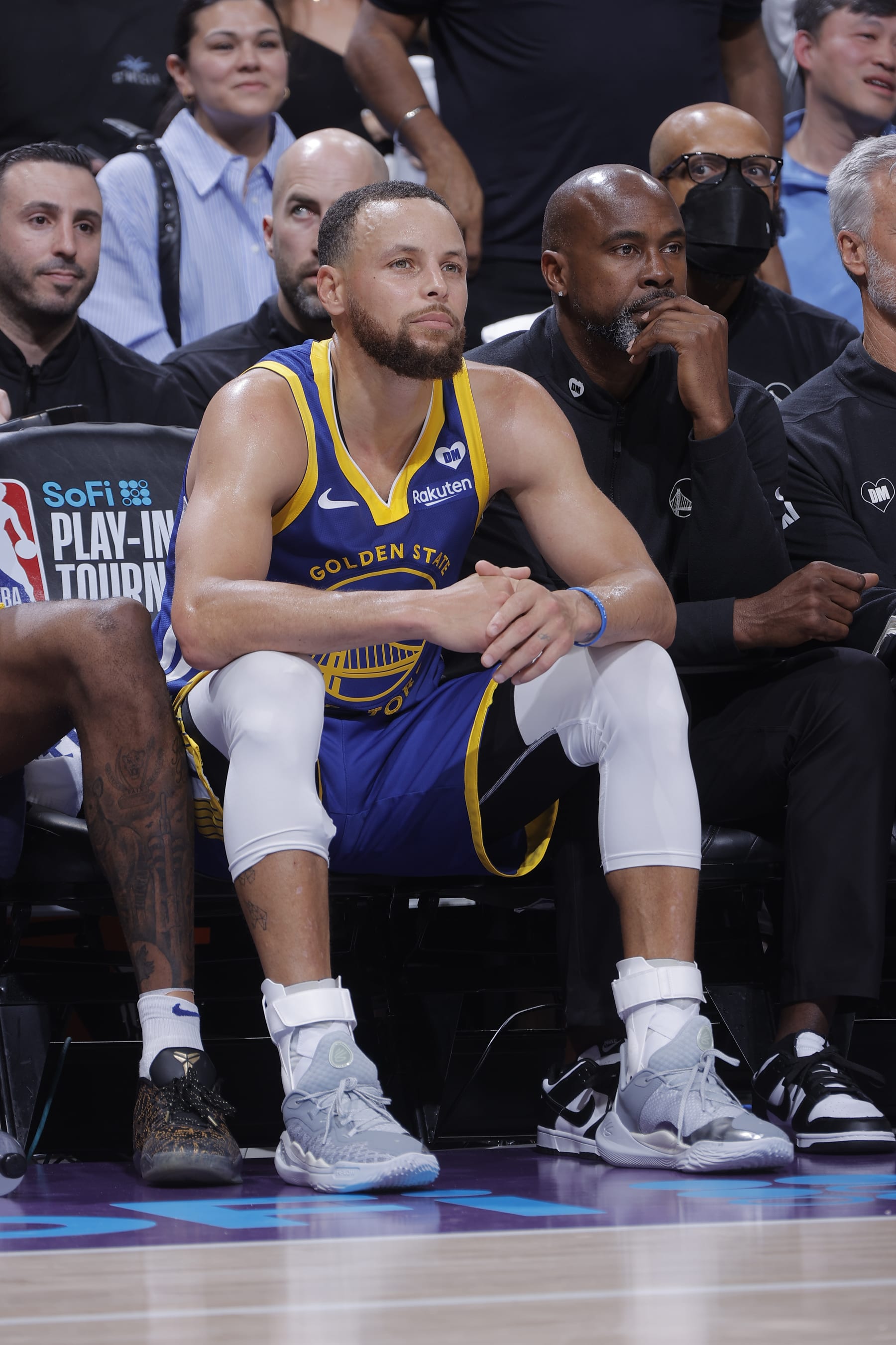SACRAMENTO, CA - APRIL 16: Stephen Curry #30 of the Golden State Warriors looks on from the bench during the game against the Sacramento Kings during the 2024 Play-In Tournament on April 16, 2024 at Golden 1 Center in Sacramento, California. NOTE TO USER: User expressly acknowledges and agrees that, by downloading and or using this photograph, User is consenting to the terms and conditions of the Getty Images Agreement. Mandatory Copyright Notice: Copyright 2024 NBAE (Photo by Rocky Widner/NBAE via Getty Images)