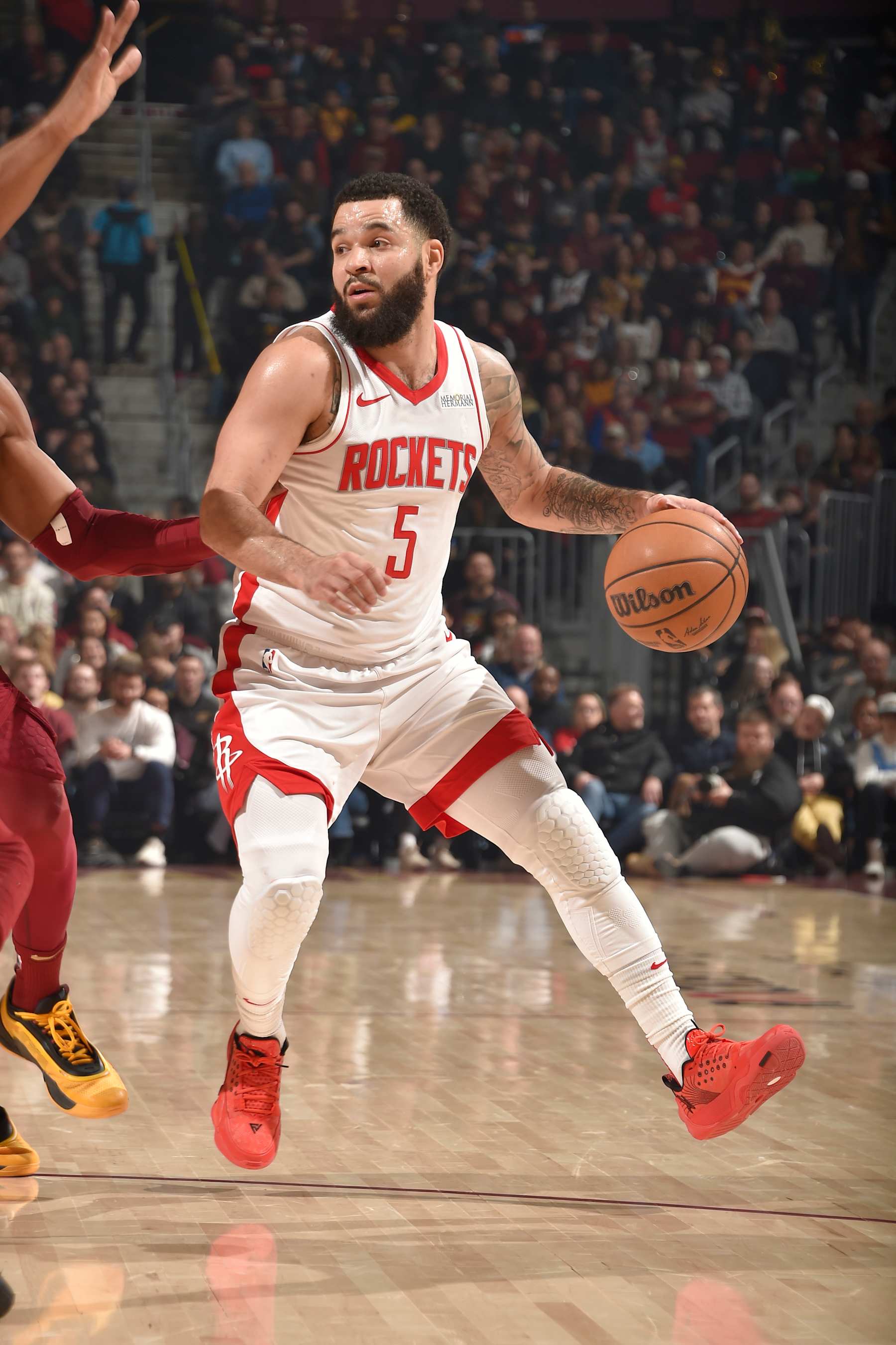 CLEVELAND, OH - JANUARY 25: Fred VanVleet #5 of the Houston Rockets handles the ball during the game against the Cleveland Cavaliers  on January 25, 2025 at Rocket Mortgage FieldHouse in Cleveland, Ohio. NOTE TO USER: User expressly acknowledges and agrees that, by downloading and/or using this Photograph, user is consenting to the terms and conditions of the Getty Images License Agreement. Mandatory Copyright Notice: Copyright 2025 NBAE (Photo by David Liam Kyle/NBAE via Getty Images)