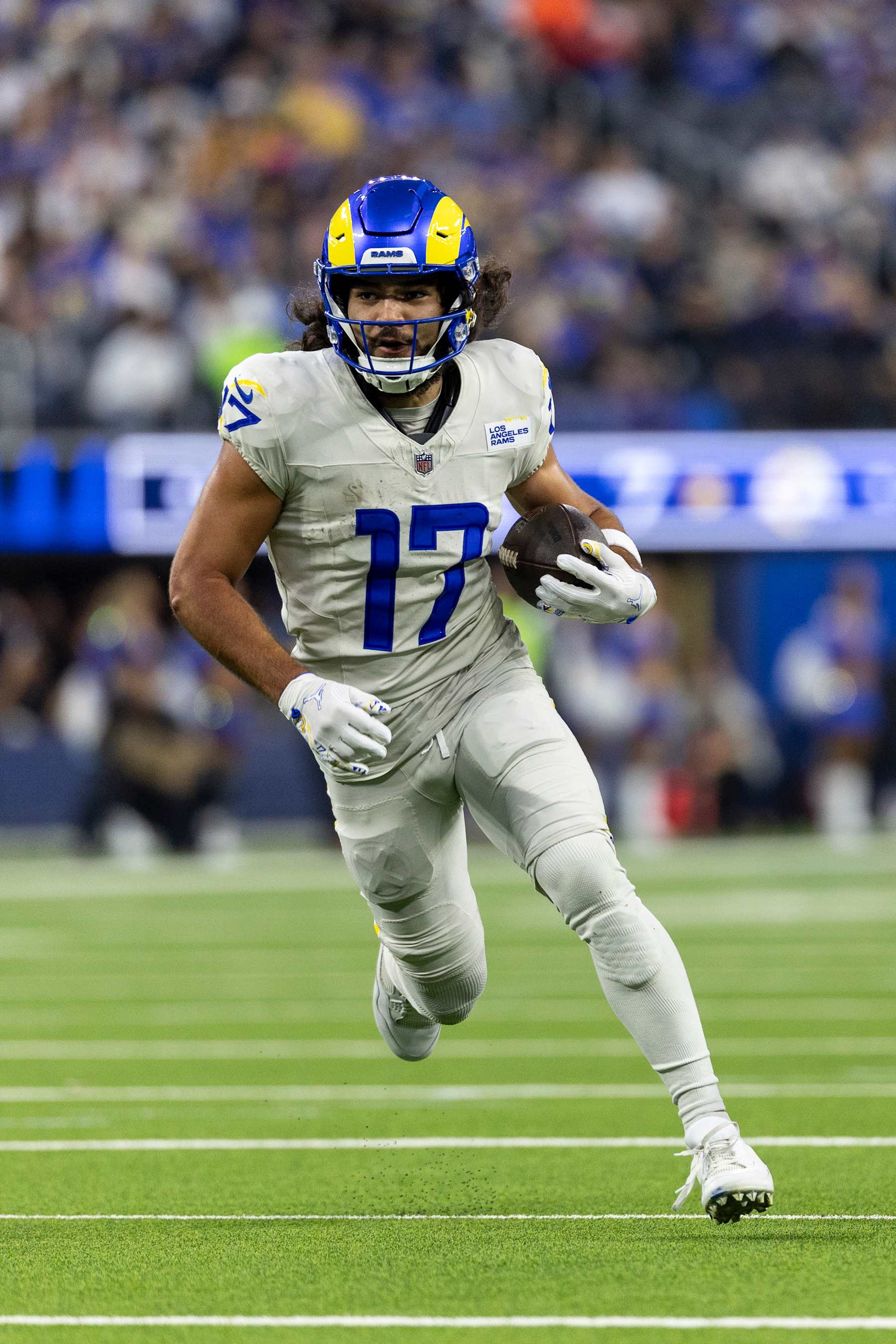 INGLEWOOD, CALIFORNIA - OCTOBER 24: Puka Nacua #17 of the Los Angeles runs with the ball during an NFL Football game against the Minnesota Vikings at SoFi Stadium on October 24, 2024 in Inglewood, California. (Photo by Michael Owens/Getty Images)
