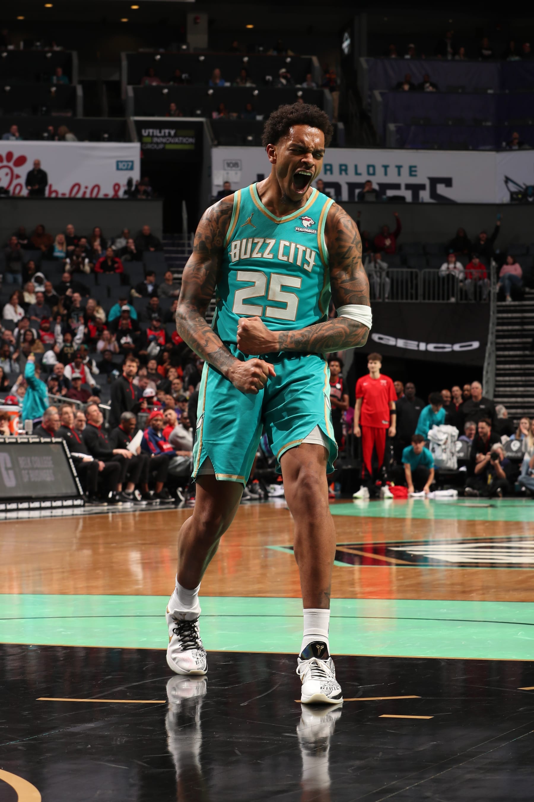 CHARLOTTE, NC - JANUARY 31: P.J. Washington #25 of the Charlotte Hornets celebrates during the game against the Chicago Bulls on January 31, 2024 at Spectrum Center in Charlotte, North Carolina. NOTE TO USER: User expressly acknowledges and agrees that, by downloading and or using this photograph, User is consenting to the terms and conditions of the Getty Images License Agreement. Mandatory Copyright Notice: Copyright 2024 NBAE (Photo by Kent Smith/NBAE via Getty Images)