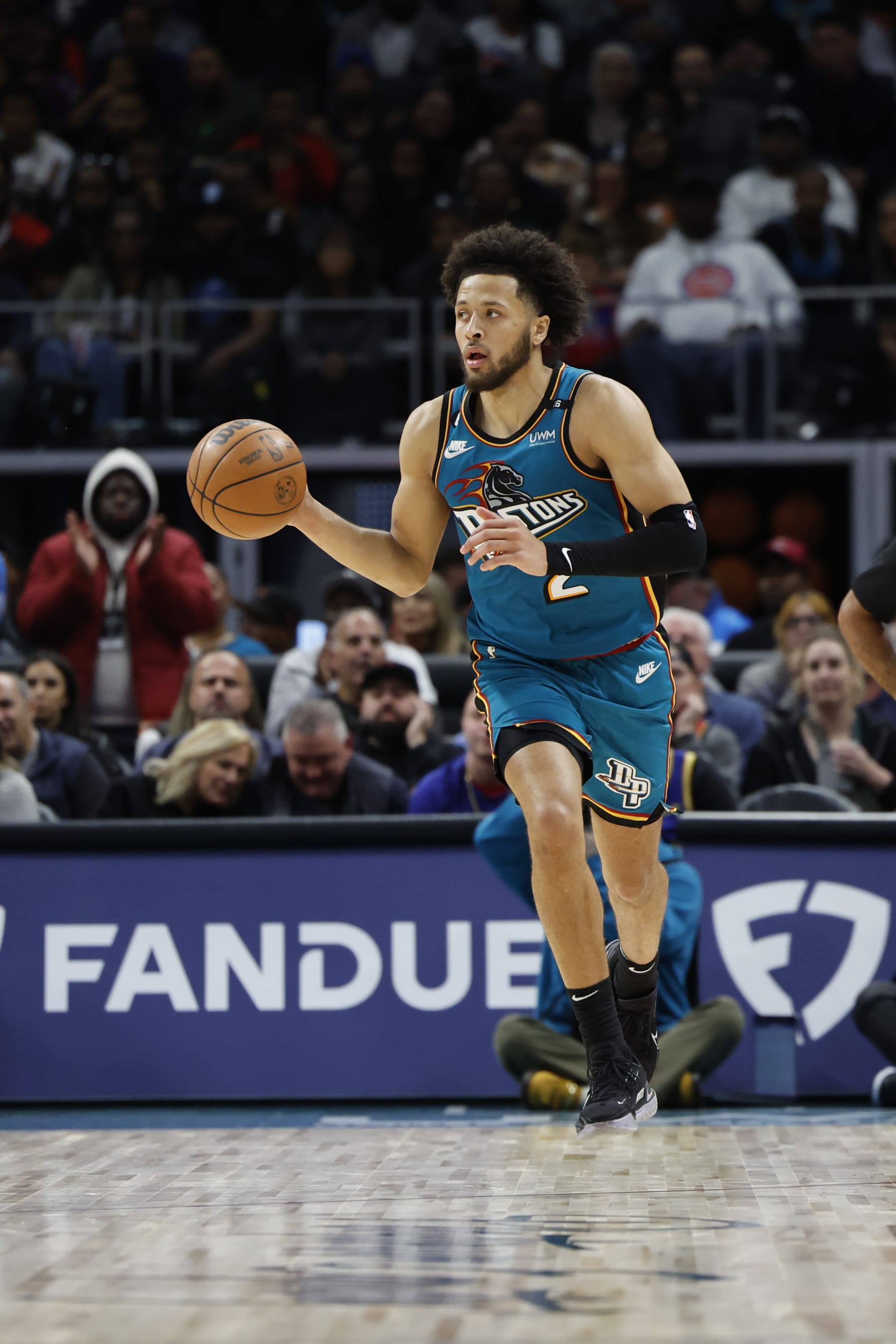 DETROIT, MICHIGAN - OCTOBER 30:  Cade Cunningham #2 of the Detroit Pistons dribbles  against the Golden State Warriorsat Little Caesars Arena on October 30, 2022 in Detroit, Michigan. NOTE TO USER: User expressly acknowledges and agrees that, by downloading and or using this photograph, User is consenting to the terms and conditions of the Getty Images License Agreement.  (Photo by Rick Osentoski/Getty Images)