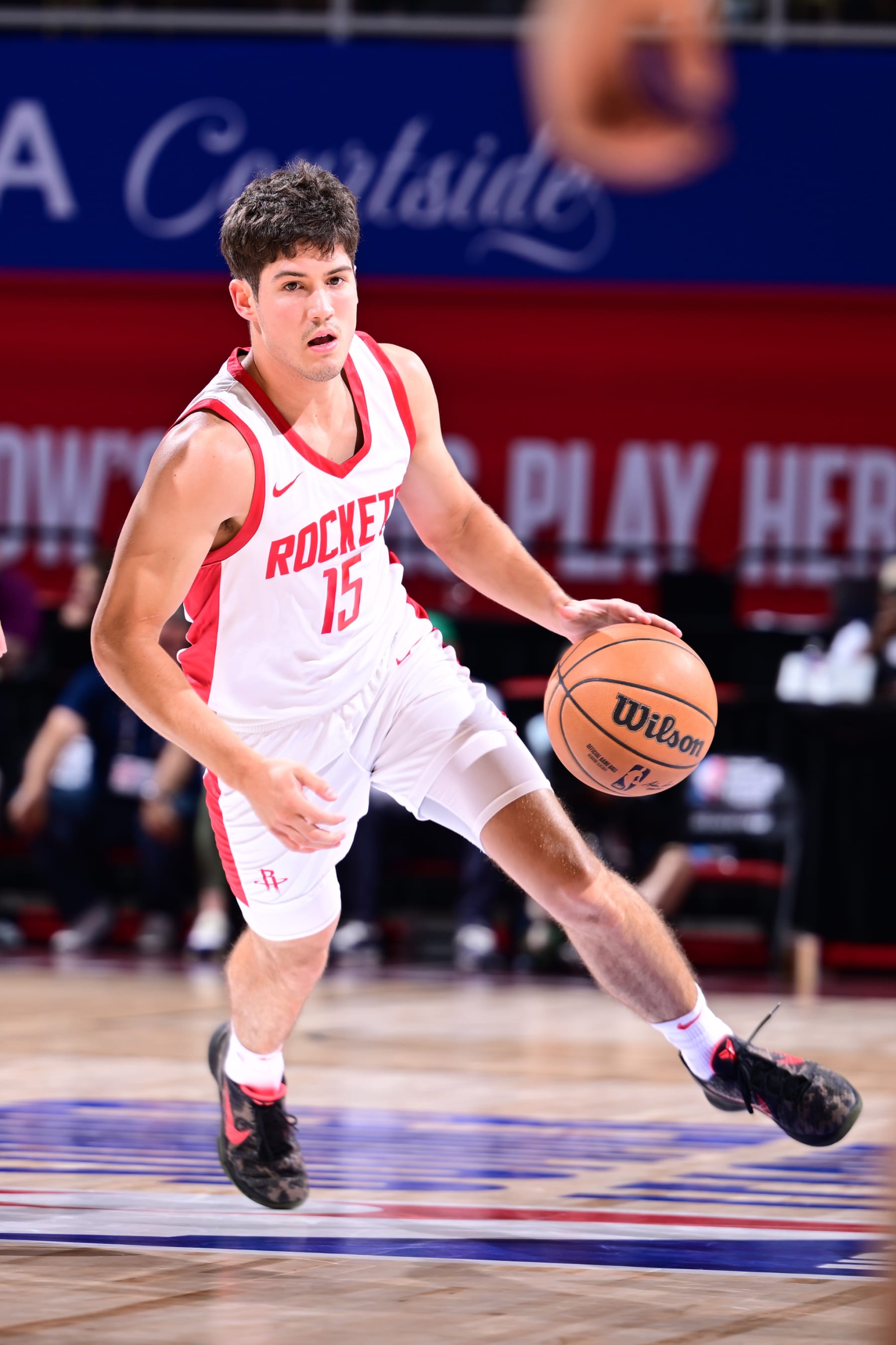 LAS VEGAS, NV - JULY 18:  Reed Sheppard #15 of the Houston Rockets goes to the basket during the game on July 18, 2024 at the Thomas & Mack Center in Las Vegas, Nevada. NOTE TO USER: User expressly acknowledges and agrees that, by downloading and or using this photograph, User is consenting to the terms and conditions of the Getty Images License Agreement. Mandatory Copyright Notice: Copyright 2024 NBAE (Photo by Adam Hagy/NBAE via Getty Images)