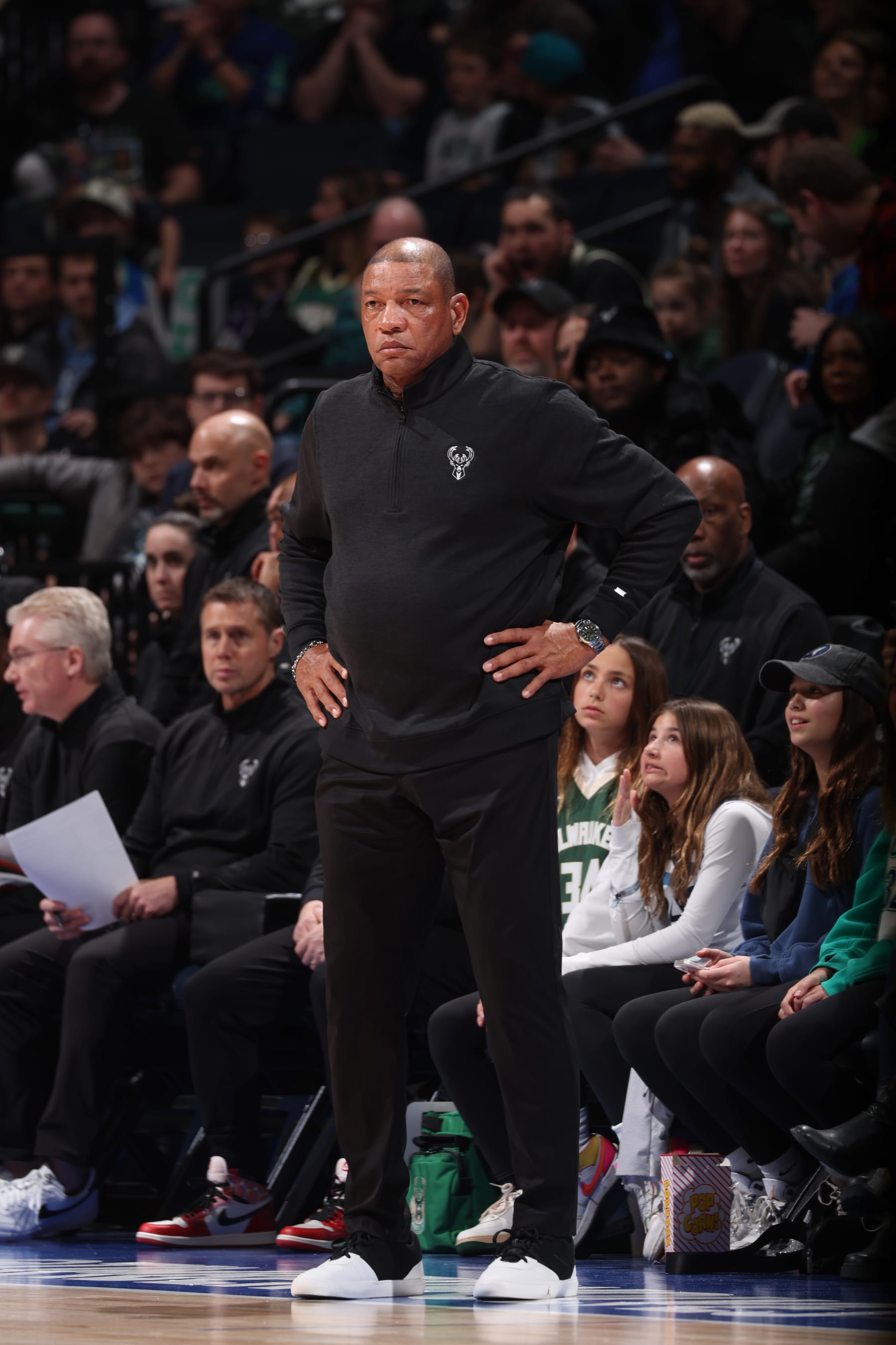 MINNEAPOLIS, MN -  FEBRUARY 23: Head Coach Doc Rivers of the Milwaukee Bucks looks on during the game on February 23, 2024 at Target Center in Minneapolis, Minnesota. NOTE TO USER: User expressly acknowledges and agrees that, by downloading and or using this Photograph, user is consenting to the terms and conditions of the Getty Images License Agreement. Mandatory Copyright Notice: Copyright 2024 NBAE (Photo by David Sherman/NBAE via Getty Images)