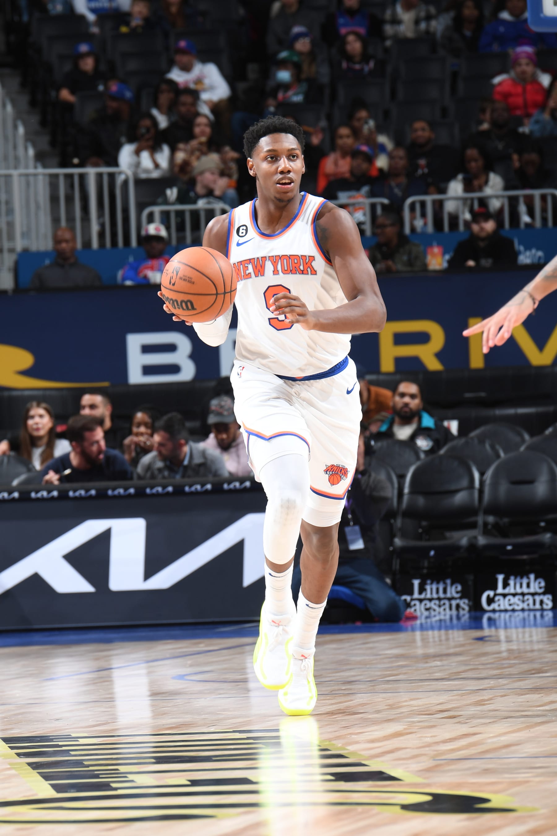 DETROIT, MI - NOVEMBER 29: RJ Barrett #9 of the New York Knicks dribbles the ball during the game against the Detroit Pistons on November 29, 2022 at Little Caesars Arena in Detroit, Michigan. NOTE TO USER: User expressly acknowledges and agrees that, by downloading and/or using this photograph, User is consenting to the terms and conditions of the Getty Images License Agreement. Mandatory Copyright Notice: Copyright 2022 NBAE (Photo by Chris Schwegler/NBAE via Getty Images)