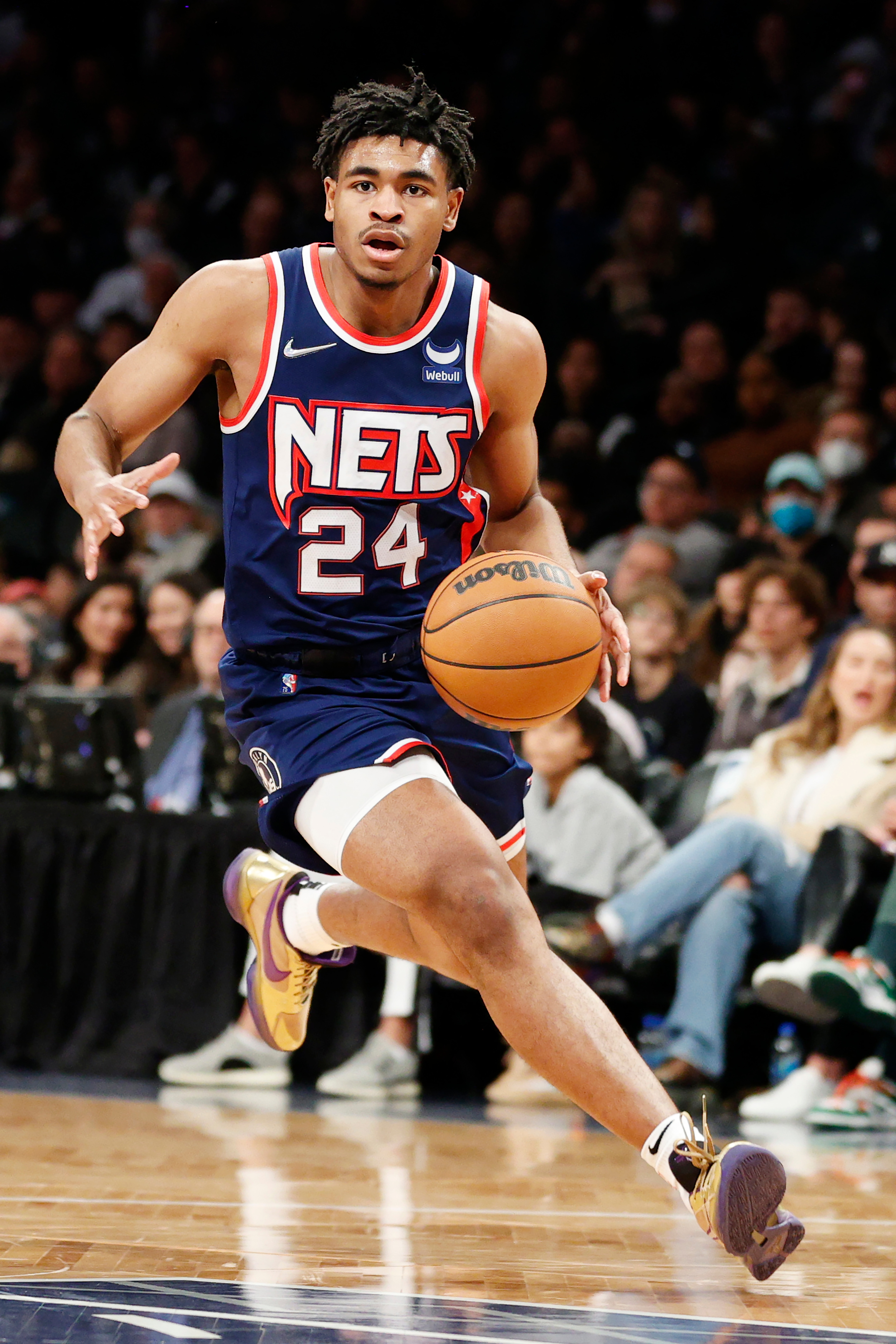NEW YORK, NEW YORK - APRIL 10: Cam Thomas #24 of the Brooklyn Nets dribbles during the first half against the Indiana Pacers at Barclays Center on April 10, 2022 in the Brooklyn borough of New York City. NOTE TO USER: User expressly acknowledges and agrees that, by downloading and or using this photograph, User is consenting to the terms and conditions of the Getty Images License Agreement. (Photo by Sarah Stier/Getty Images)