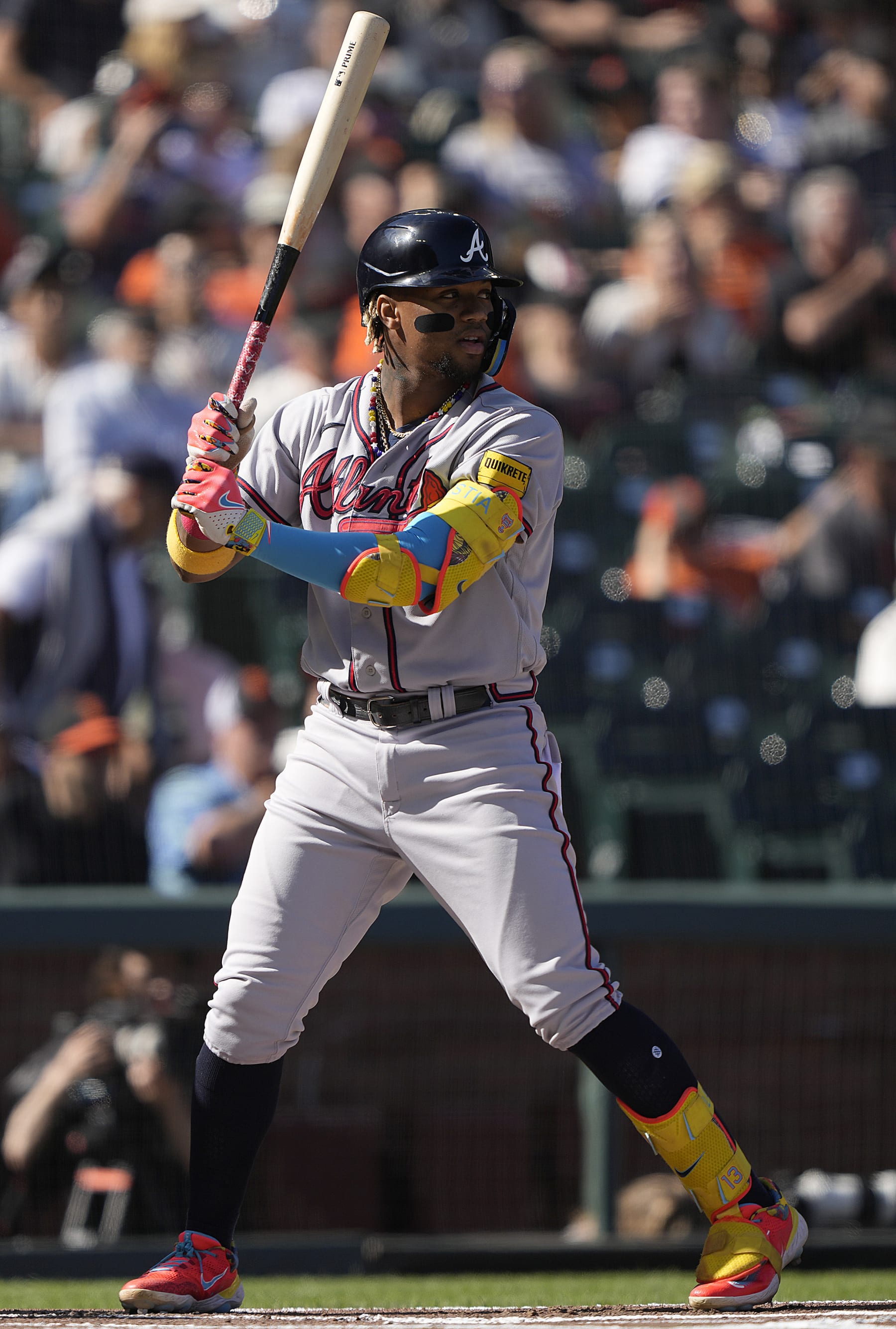 SAN FRANCISCO, CALIFORNIA - AUGUST 27: Ronald Acuna Jr. #13 of the Atlanta Braves bats against the San Francisco Giants in the top of the first inning at Oracle Park on August 27, 2023 in San Francisco, California. (Photo by Thearon W. Henderson/Getty Images)