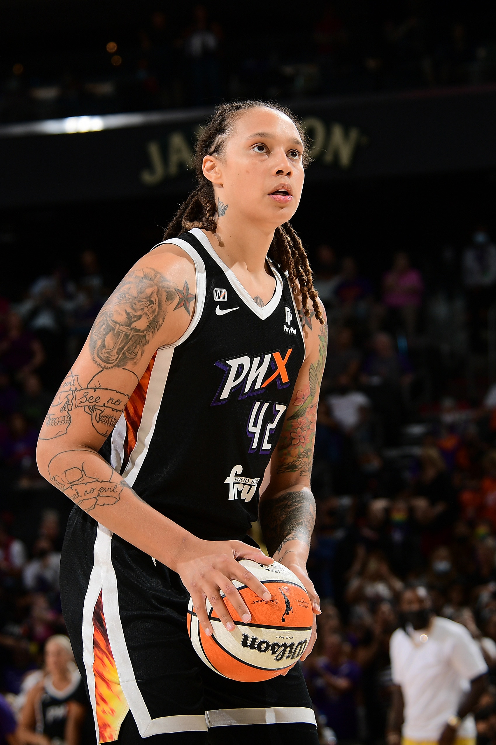 PHOENIX, AZ - OCTOBER 13: Brittney Griner #42 #3 of the Phoenix Mercury shoots the ball against the Chicago Sky during Game Two of the 2021 WNBA Finals on October 13, 2021 at Footprint Center in Phoenix, Arizona. NOTE TO USER: User expressly acknowledges and agrees that, by downloading and or using this photograph, user is consenting to the terms and conditions of the Getty Images License Agreement. Mandatory Copyright Notice: Copyright 2021 NBAE (Photo by Michael Gonzales/NBAE via Getty Images)