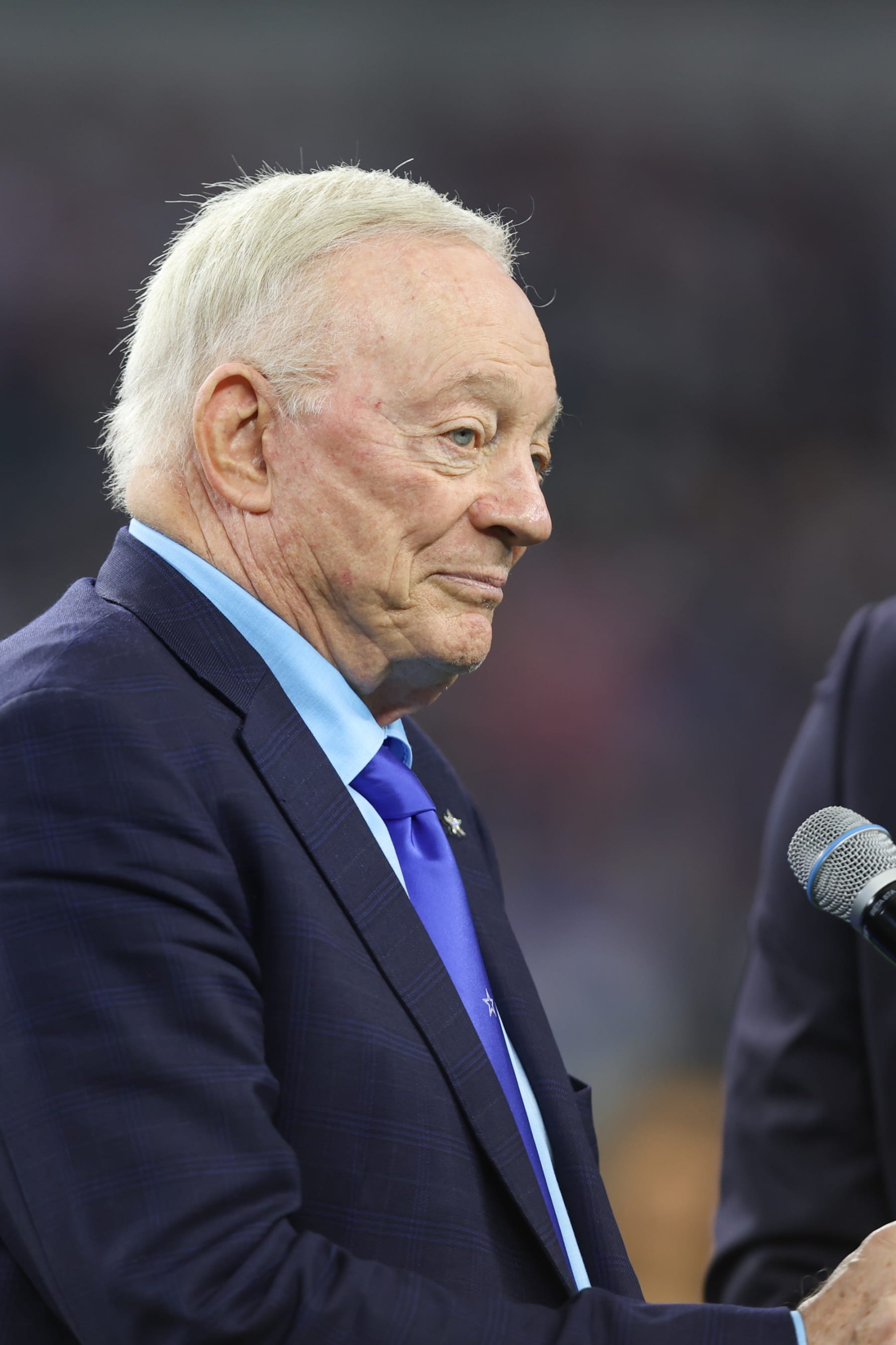 ARLINGTON, TX - OCTOBER 29: Jerry Jones speaks at the induction of DeMarcus Ware into the Dallas Cowboys Ring of Honor during the game between the Dallas Cowboys and the Los Angeles Rams on October 29, 2023 at AT&T Stadium in Arlington, TX. (Photo by George Walker/Icon Sportswire via Getty Images)