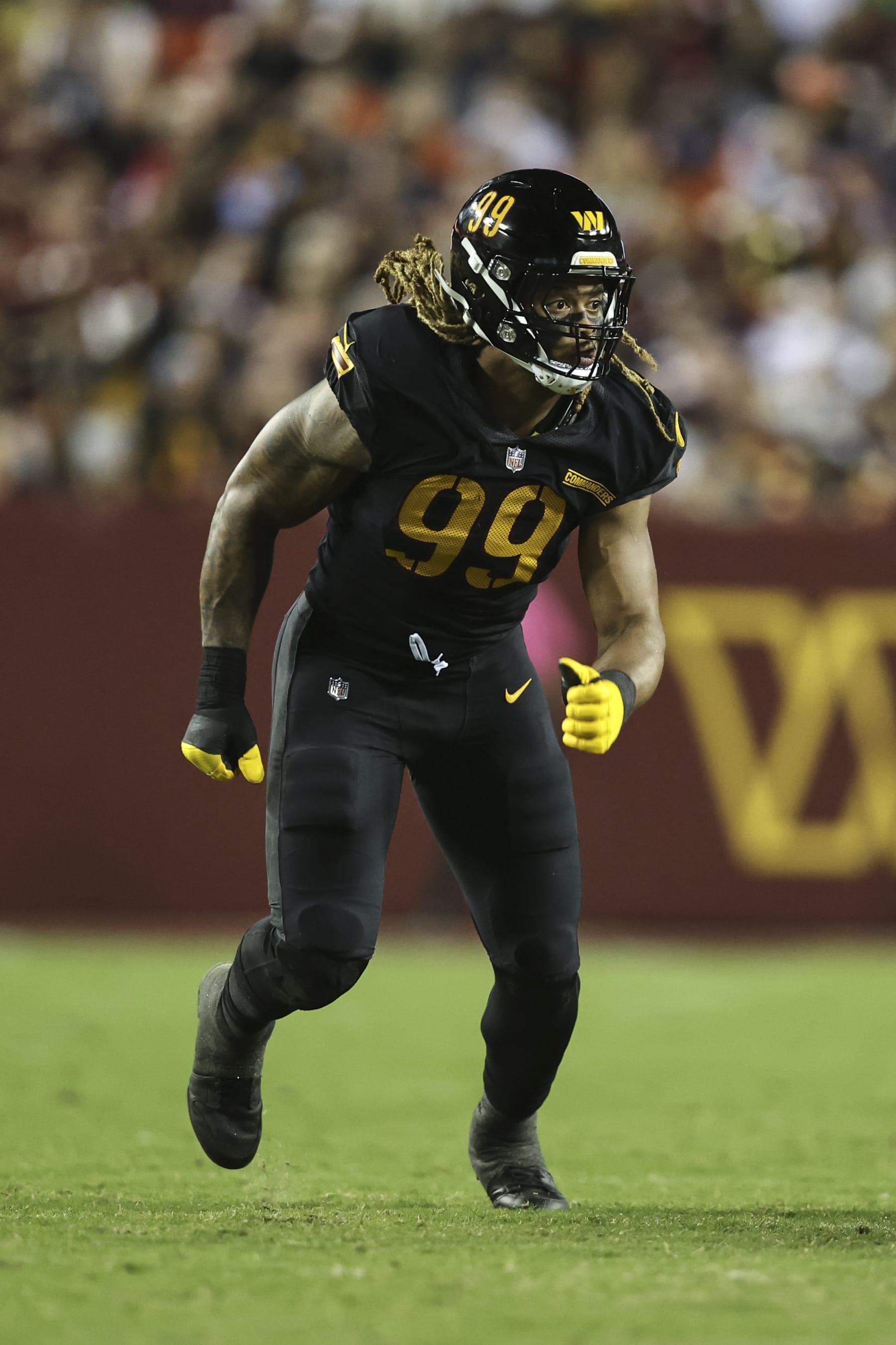 LANDOVER, MARYLAND - OCTOBER 05: Chase Young #99 of the Washington Commanders runs around the edge during an NFL football game between the Washington Commanders and the Chicago Bears at FedExField on October 05, 2023 in Landover, Maryland. (Photo by Michael Owens/Getty Images)