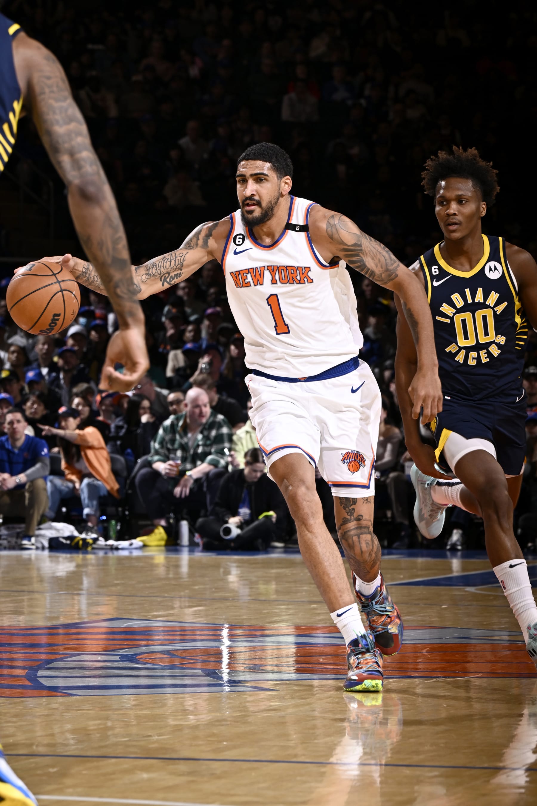 NEW YORK, NY - APRIL 9: Obi Toppin #1 of the New York Knicks dribbles the ball during the game against the Indiana Pacers on April 9, 2023 at Madison Square Garden in New York City, New York. NOTE TO USER: User expressly acknowledges and agrees that, by downloading and or using this photograph, User is consenting to the terms and conditions of the Getty Images License Agreement. Mandatory Copyright Notice: Copyright 2023 NBAE  (Photo by David Dow/NBAE via Getty Images)