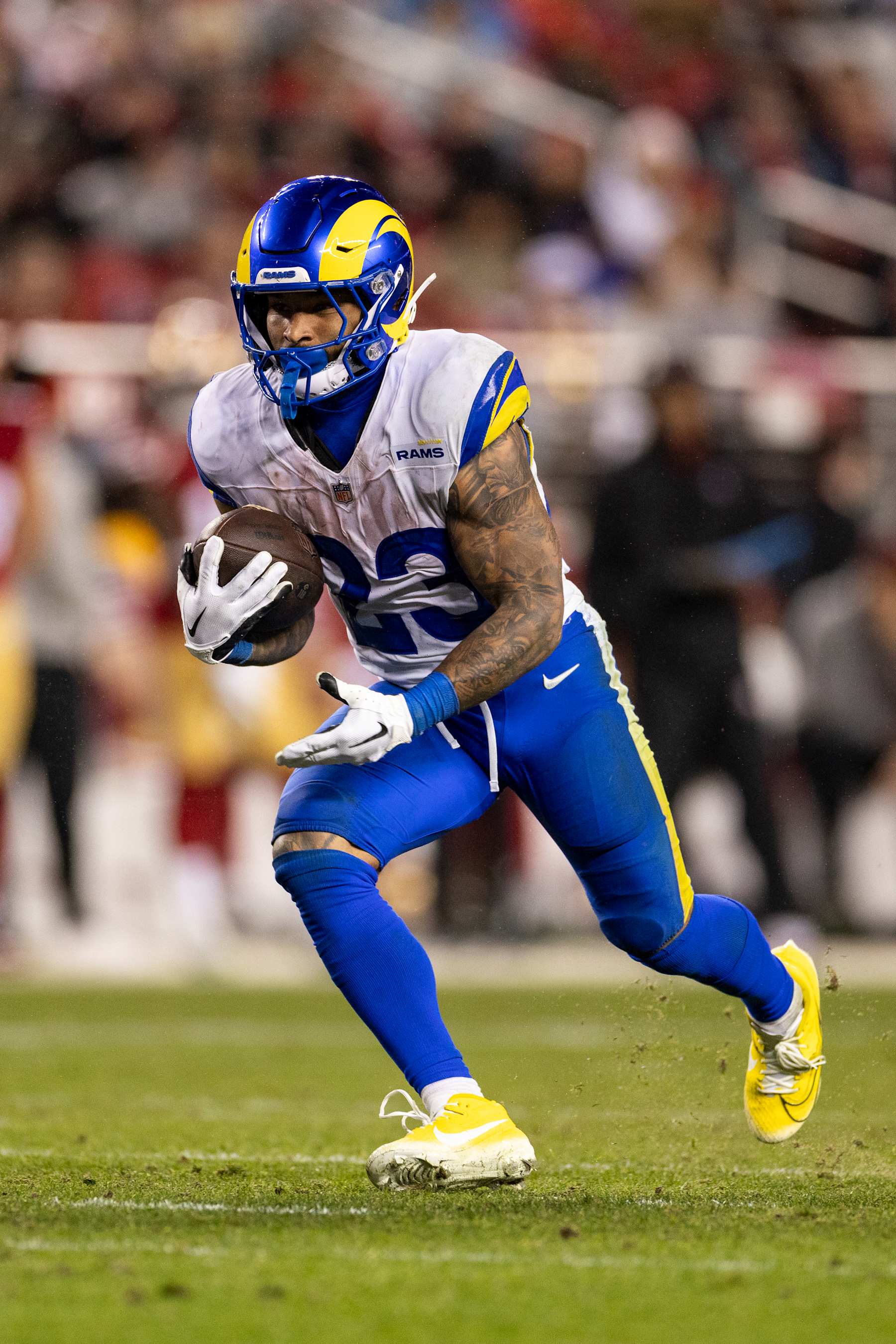 SANTA CLARA, CALIFORNIA - DECEMBER 12: Kyren Williams #23 of the Los Angeles Rams runs with the ball during an NFL Football game against the San Francisco 49ers at Levi's Stadium on December 12, 2024 in Santa Clara, California. (Photo by Michael Owens/Getty Images)