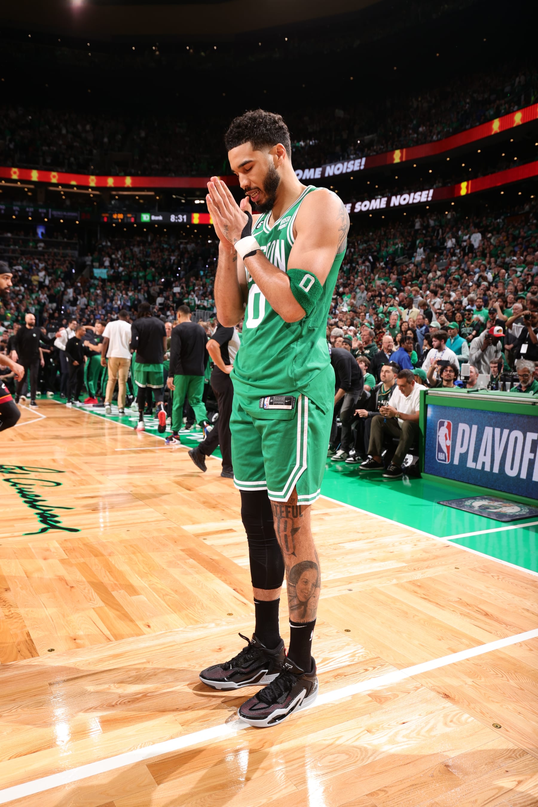 BOSTON, MA - MAY 29: Jayson Tatum #0 of the Boston Celtics looks on before Game 7 of the 2023 NBA Playoffs Eastern Conference Finals on May 29, 2023 at the TD Garden in Boston, Massachusetts. NOTE TO USER: User expressly acknowledges and agrees that, by downloading and or using this photograph, User is consenting to the terms and conditions of the Getty Images License Agreement. Mandatory Copyright Notice: Copyright 2023 NBAE  (Photo by Nathaniel S. Butler/NBAE via Getty Images)
