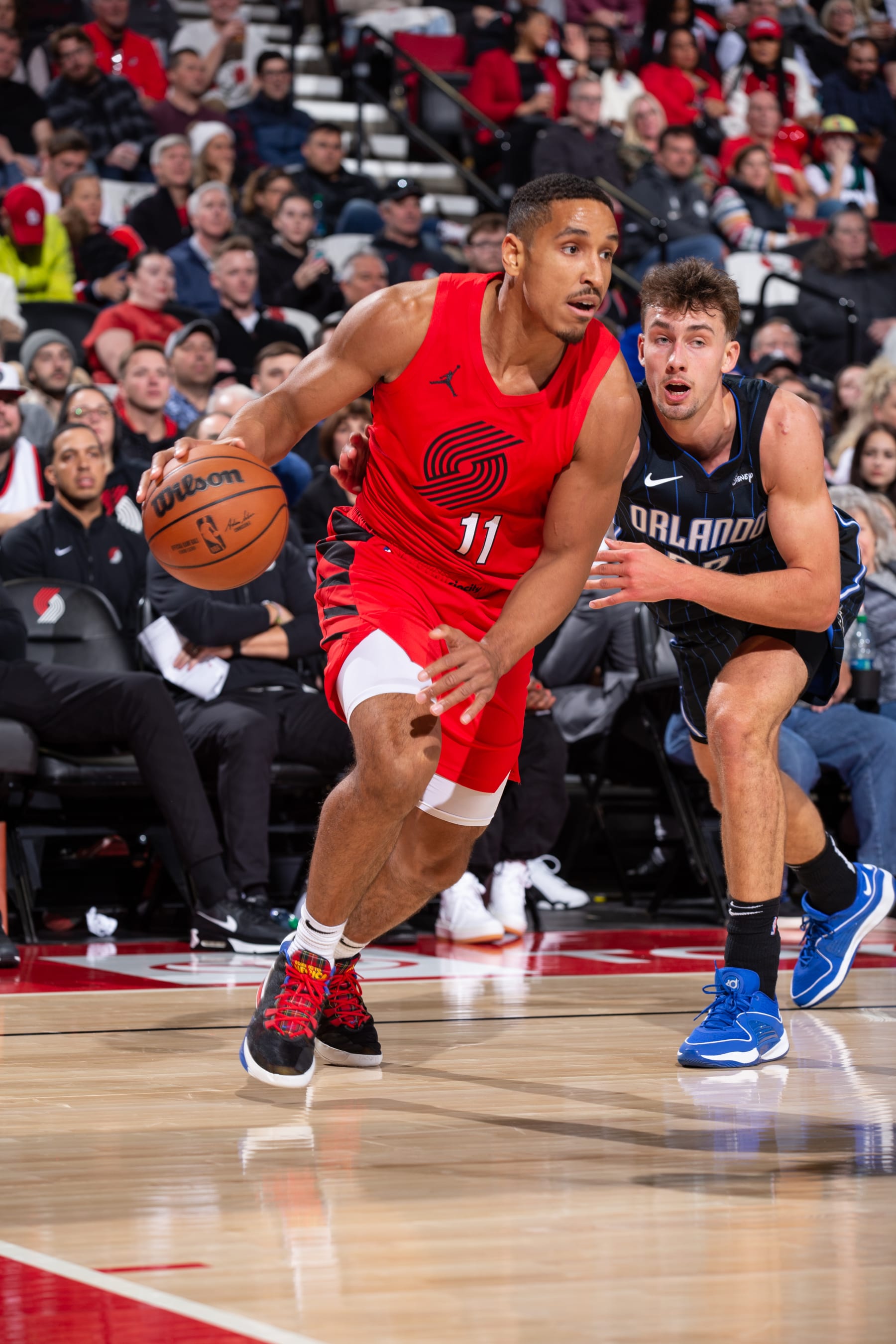 PORTLAND, OR - OCTOBER 27: Malcolm Brogdon #11 of the Portland Trail Blazers drives to the basket during the game against the Orlando Magic on October 27, 2023 at the Portland Trail Blazers practice facility in Portland, Oregon.  NOTE TO USER: User expressly acknowledges and agrees that, by downloading and or using this photograph, User is consenting to the terms and conditions of the Getty Images License Agreement. Mandatory Copyright Notice: Copyright 2023 NBAE  (Photo by Cameron Browne/NBAE via Getty Images)