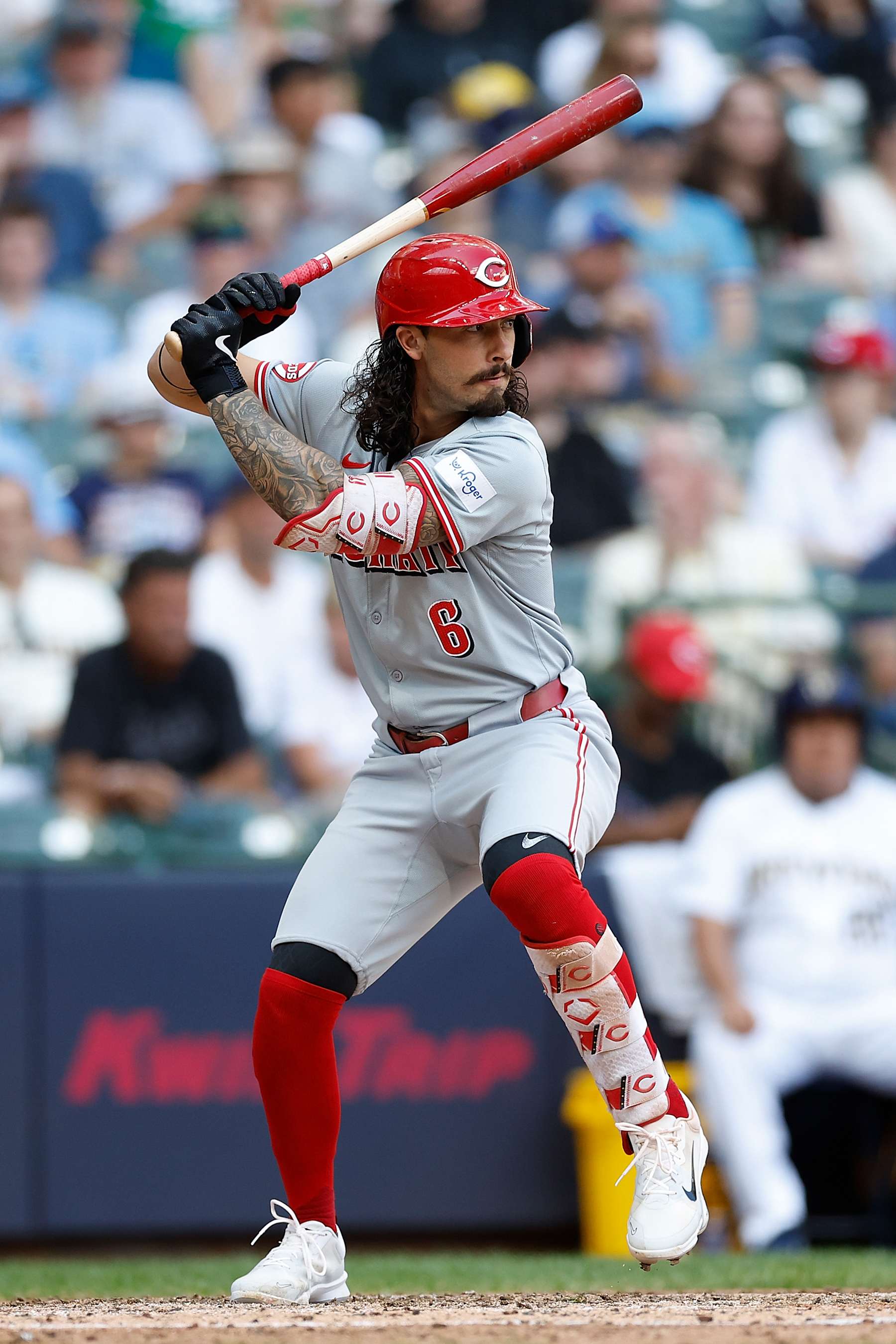 MILWAUKEE, WISCONSIN - AUGUST 11: Jonathan India #6 of the Cincinnati Reds bats during the game against the Milwaukee Brewers at American Family Field on August 11, 2024 in Milwaukee, Wisconsin. (Photo by John Fisher/Getty Images)