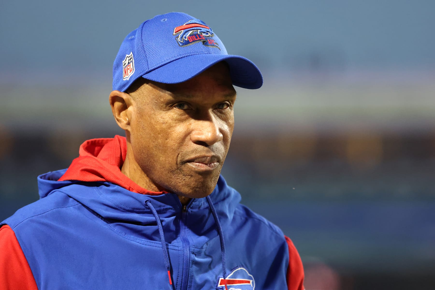 ORCHARD PARK, NEW YORK - OCTOBER 30: Buffalo Bills defensive coordinator Leslie Frazier is seen prior to the game against the Green Bay Packers at Highmark Stadium on October 30, 2022 in Orchard Park, New York. (Photo by Timothy T Ludwig/Getty Images)