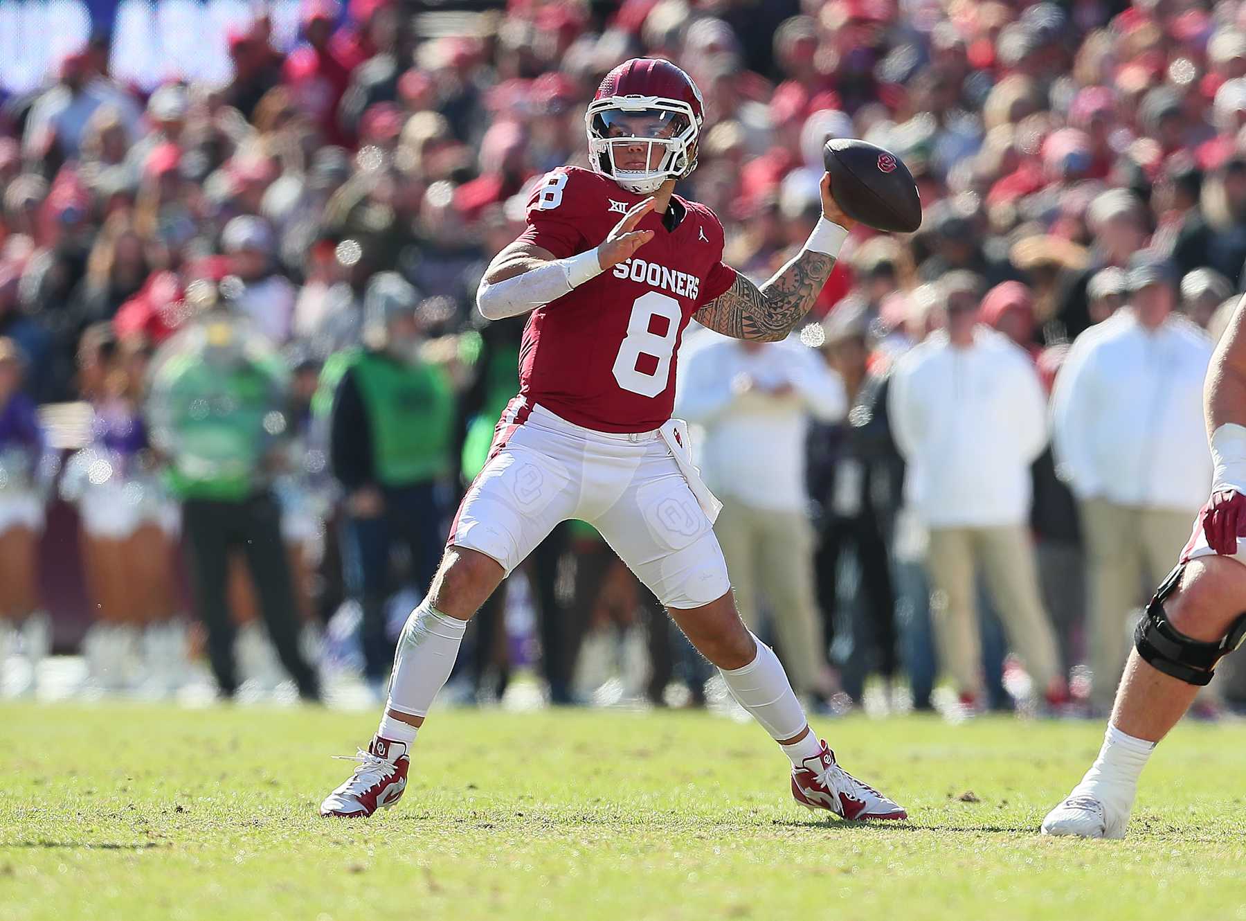 NORMAN, OK - NOVEMBER 24: Oklahoma Sooners QB  Dillon Gabriel (08) launches a pass during a game between the Oklahoma Sooners and the Texas Christian Horned Frogs at Gaylord Memorial Stadium in Norman, Oklahoma on November 24, 2023. (Photo by David Stacy/Icon Sportswire via Getty Images)