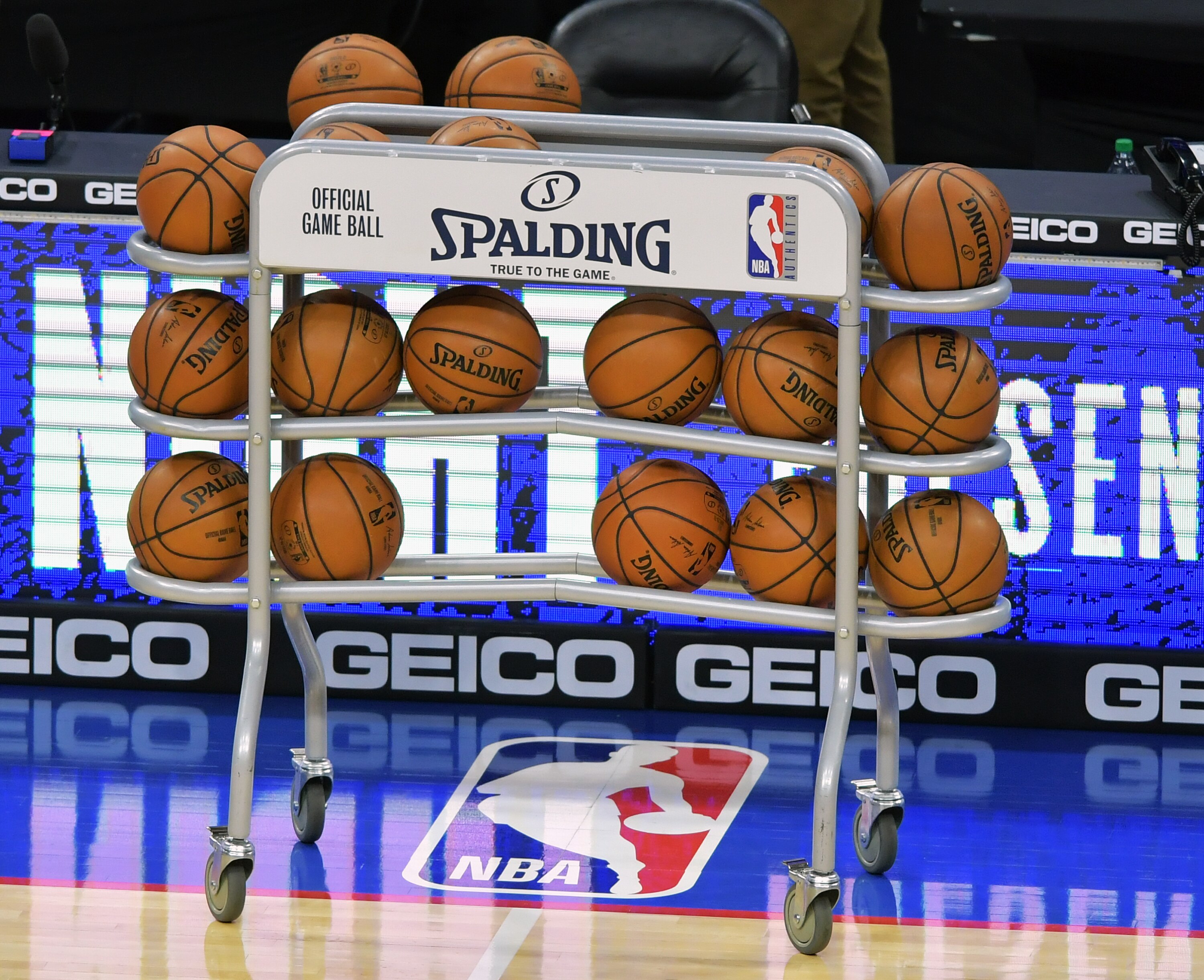 PHILADELPHIA, PA - APRIL 03: Basketballs are seen on a rack on the court before the NBA game between the Minnesota Timberwolves and the Philadelphia 76ers at Wells Fargo Center on April 3, 2021 in Philadelphia, Pennsylvania. NOTE TO USER: User expressly acknowledges and agrees that, by downloading and or using this photograph, User is consenting to the terms and conditions of the Getty Images License Agreement. (Photo by Drew Hallowell/Getty Images)