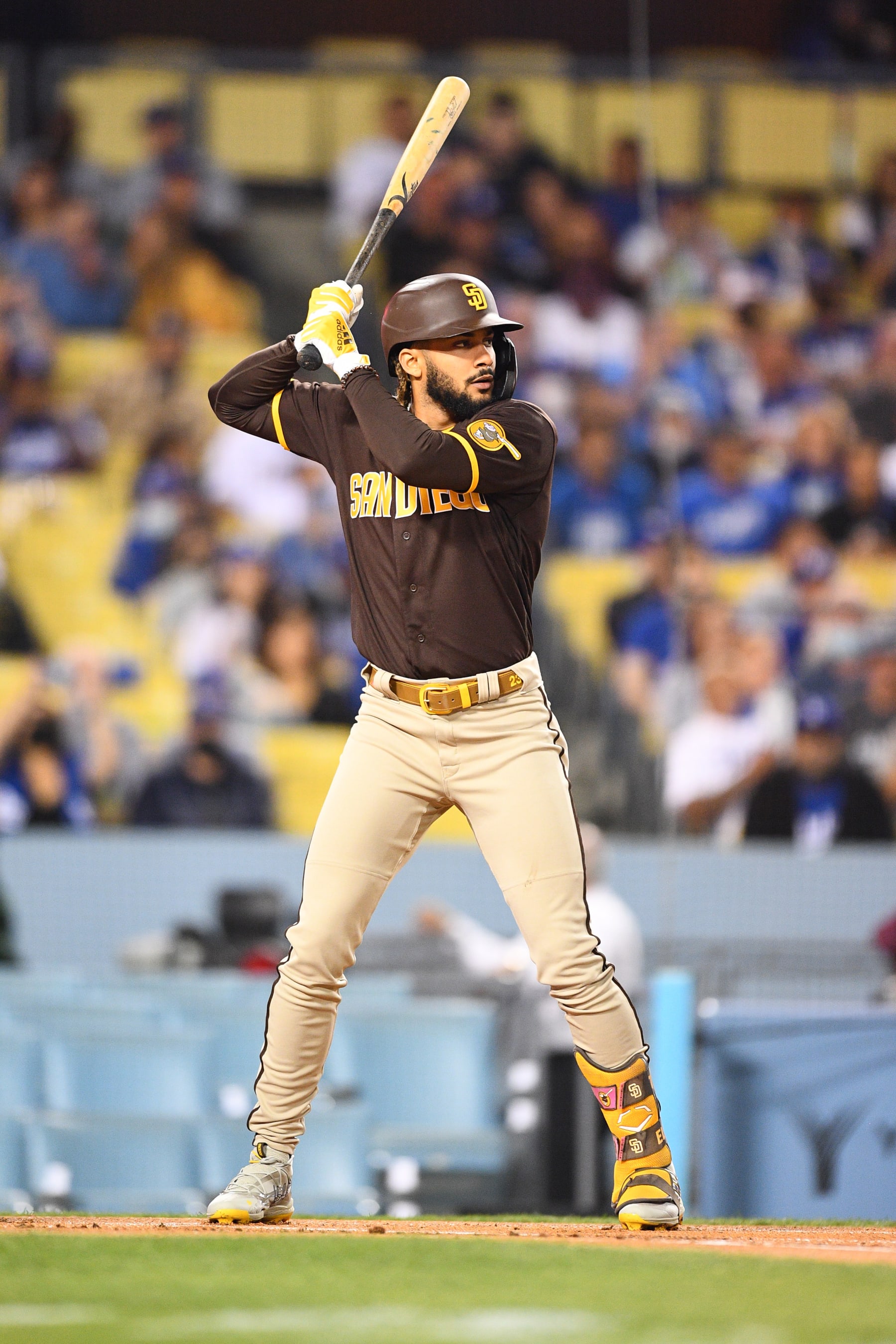 LOS ANGELES, CA - SEPTEMBER 28: San Diego Padres shorstop Fernando Tatis Jr. (23) at bat during the MLB game between the San Diego Padres and the Los Angeles Dodgers on September 28, 2021 at Dodger Stadium in Los Angeles, CA. (Photo by Brian Rothmuller/Icon Sportswire via Getty Images)