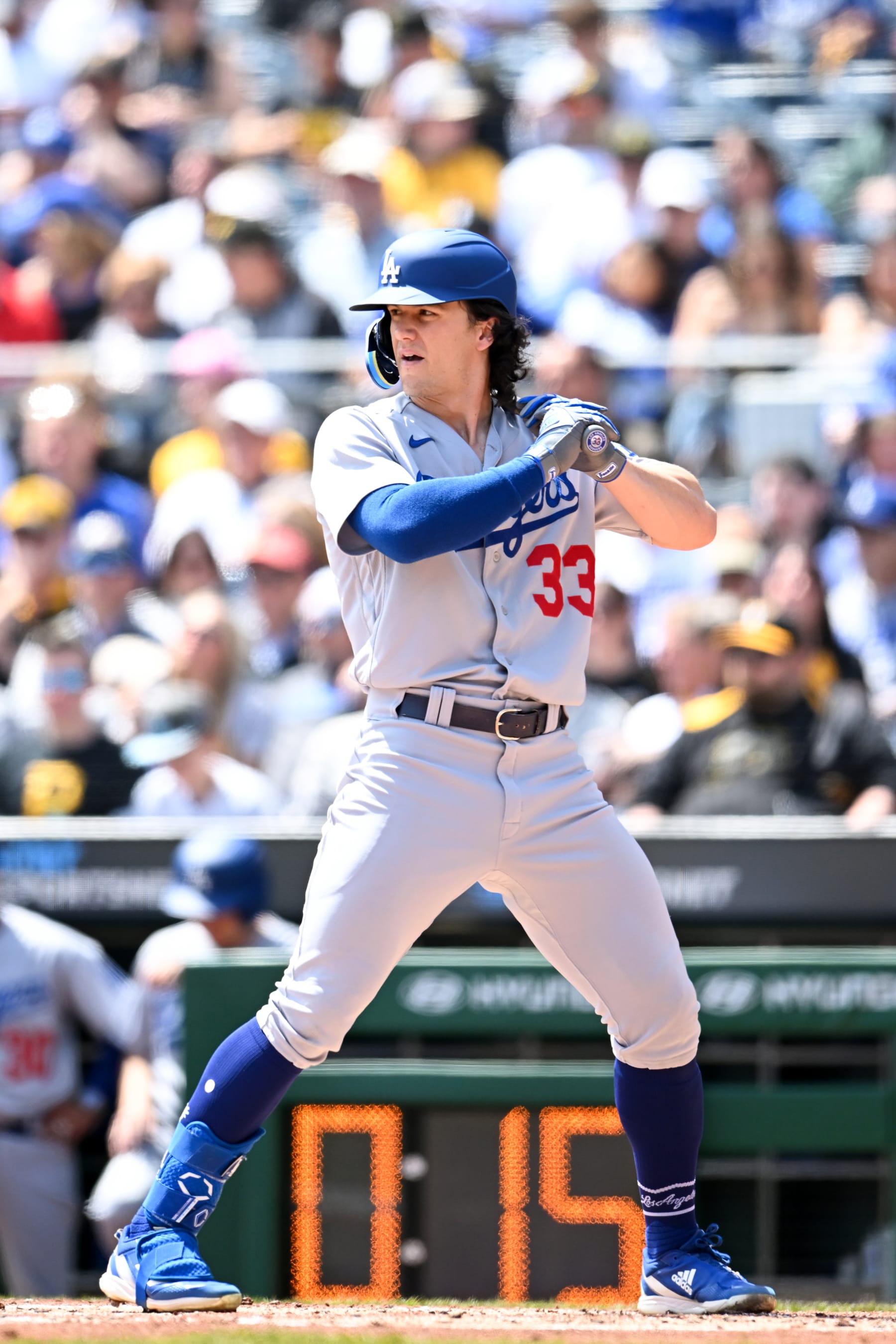 PITTSBURGH, PENNSYLVANIA - APRIL 27, 2023: James Outman #33 of the Los Angeles Dodgers bats during the third inning against the Pittsburgh Pirates at PNC Park on April 27, 2023 in Pittsburgh, Pennsylvania. (Photo by Nick Cammett/Diamond Images via Getty Images)