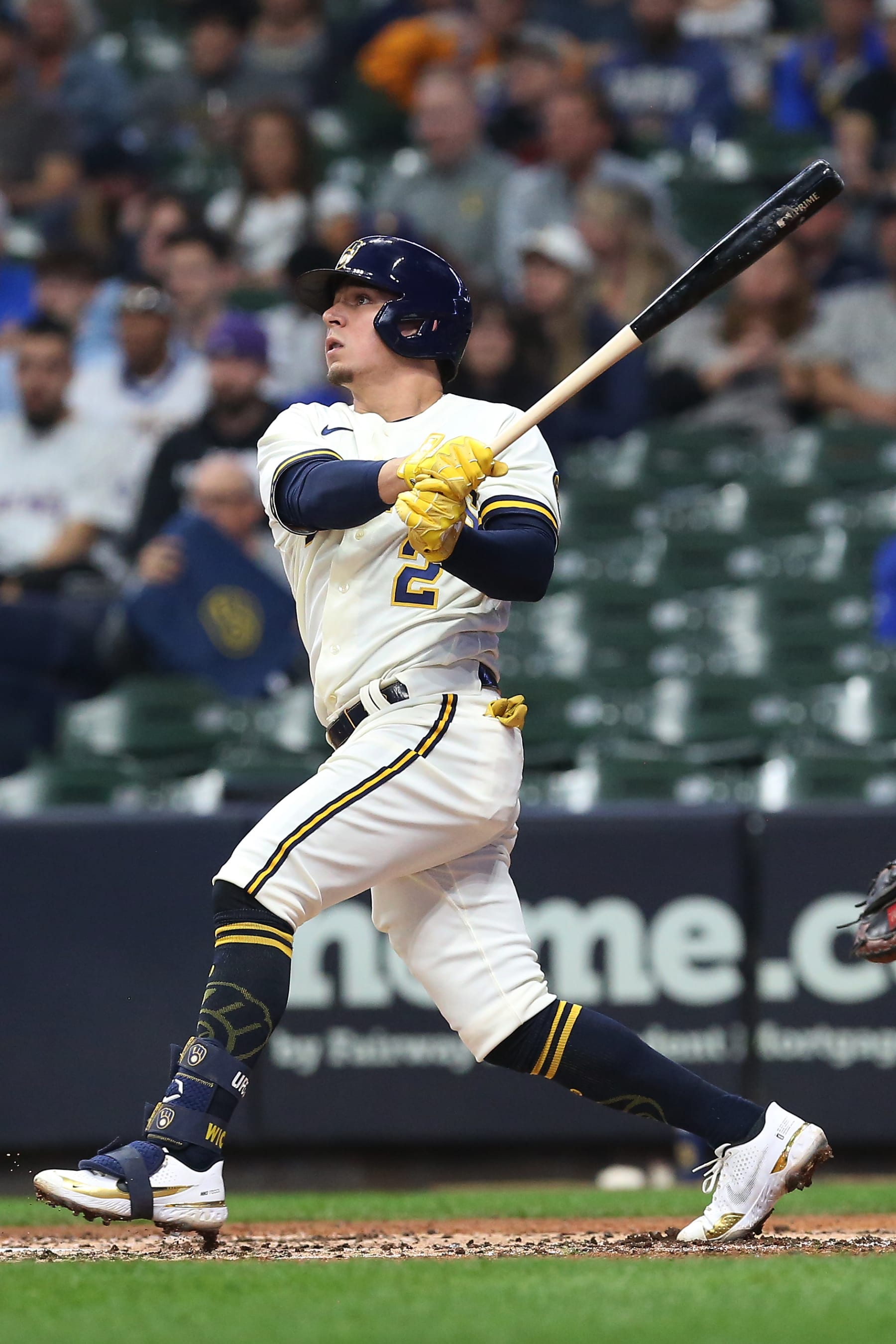 MILWAUKEE, WI - OCTOBER 04: Milwaukee Brewers third baseman Luis Urias (2) hits a home run during a game between the Milwaukee Brewers and the Arizona Diamondbacks at American Family Field on October 4, 2022, in Milwaukee, WI. (Photo by Larry Radloff/Icon Sportswire via Getty Images)