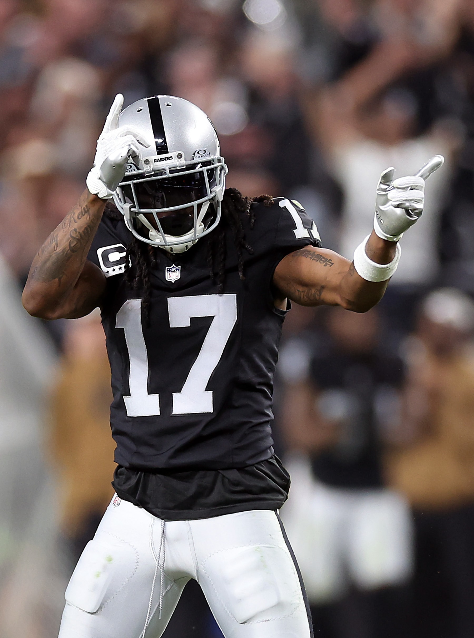 LAS VEGAS, NEVADA - NOVEMBER 12:  Wide receiver Davante Adams #17 the Las Vegas Raiders reacts after making a catch during the 2nd quarter of the game against the New York Jets at Allegiant Stadium on November 12, 2023 in Las Vegas, Nevada. (Photo by Sean M. Haffey/Getty Images)