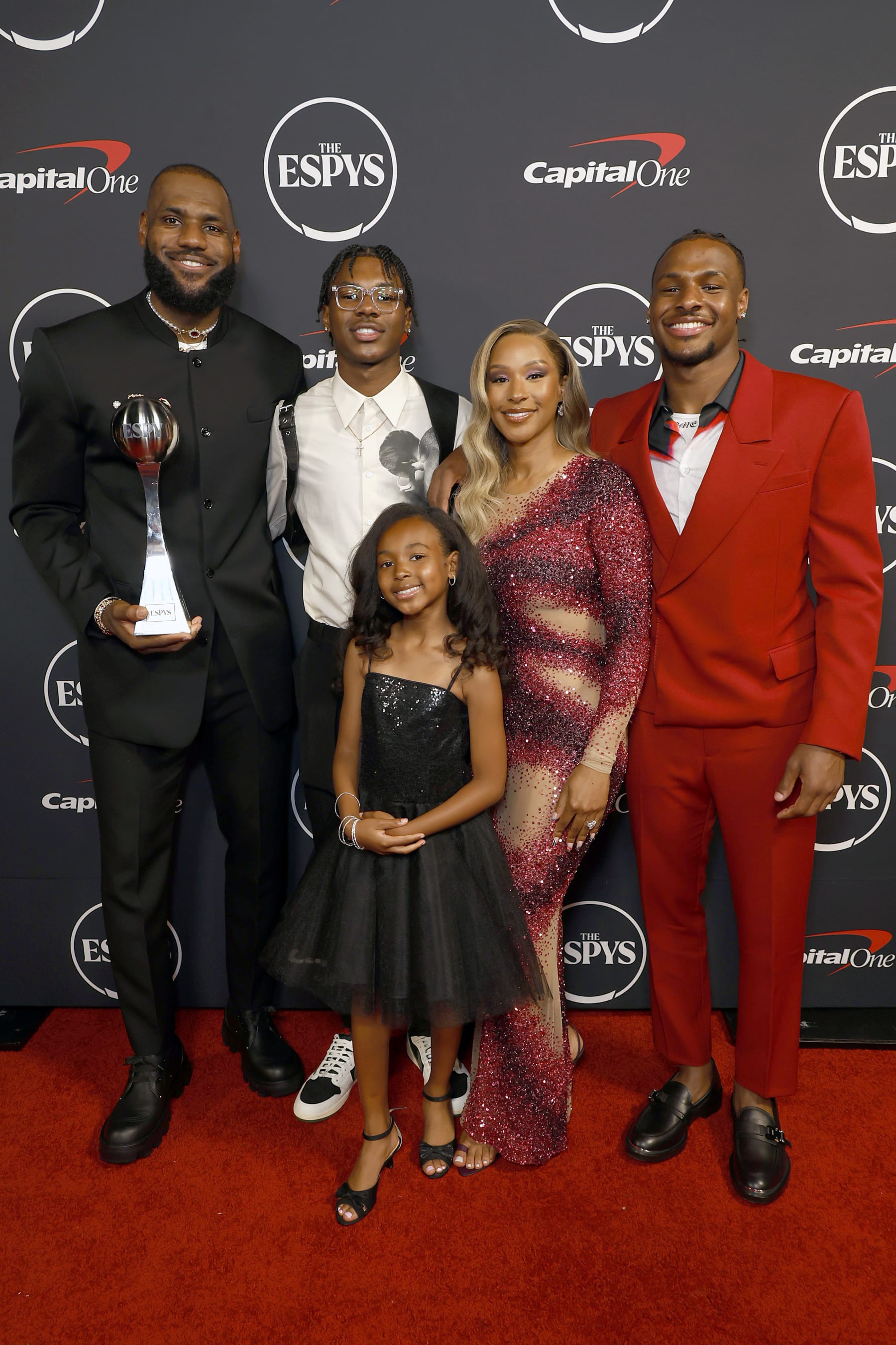 HOLLYWOOD, CALIFORNIA - JULY 12: (L-R) LeBron James, winner of Best Record-Breaking Performance, Bryce James, Zhuri James, Savannah James, and Bronny James attend The 2023 ESPY Awards at Dolby Theatre on July 12, 2023 in Hollywood, California. (Photo by Frazer Harrison/Getty Images)