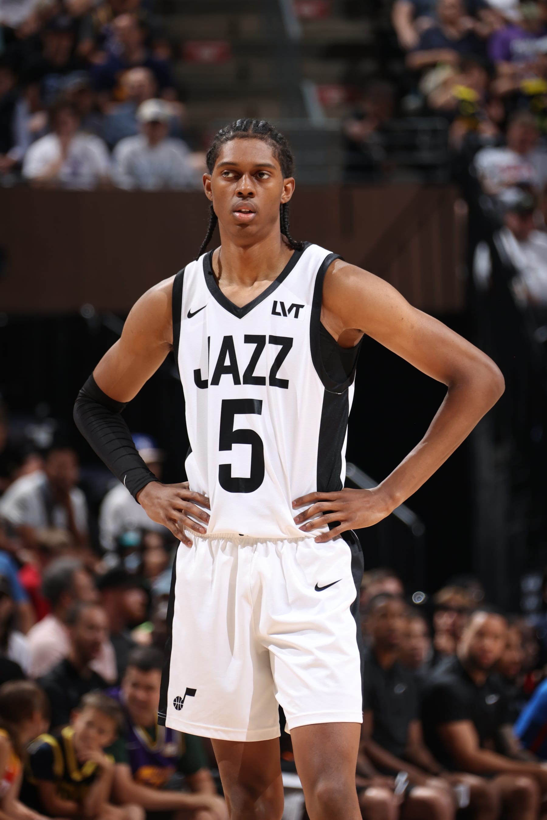 SALT LAKE CITY, UT - JULY 9: Cody Williams #5 of the Utah Jazz looks on during the game against the Oklahoma City Thunder during the 2024 NBA Salt Lake City Summer League on July 9, 2024 at Delta Center in Salt Lake City, Utah. NOTE TO USER: User expressly acknowledges and agrees that, by downloading and or using this Photograph, User is consenting to the terms and conditions of the Getty Images License Agreement. Mandatory Copyright Notice: Copyright 2024 NBAE (Photo by Melissa Majchrzak/NBAE via Getty Images)