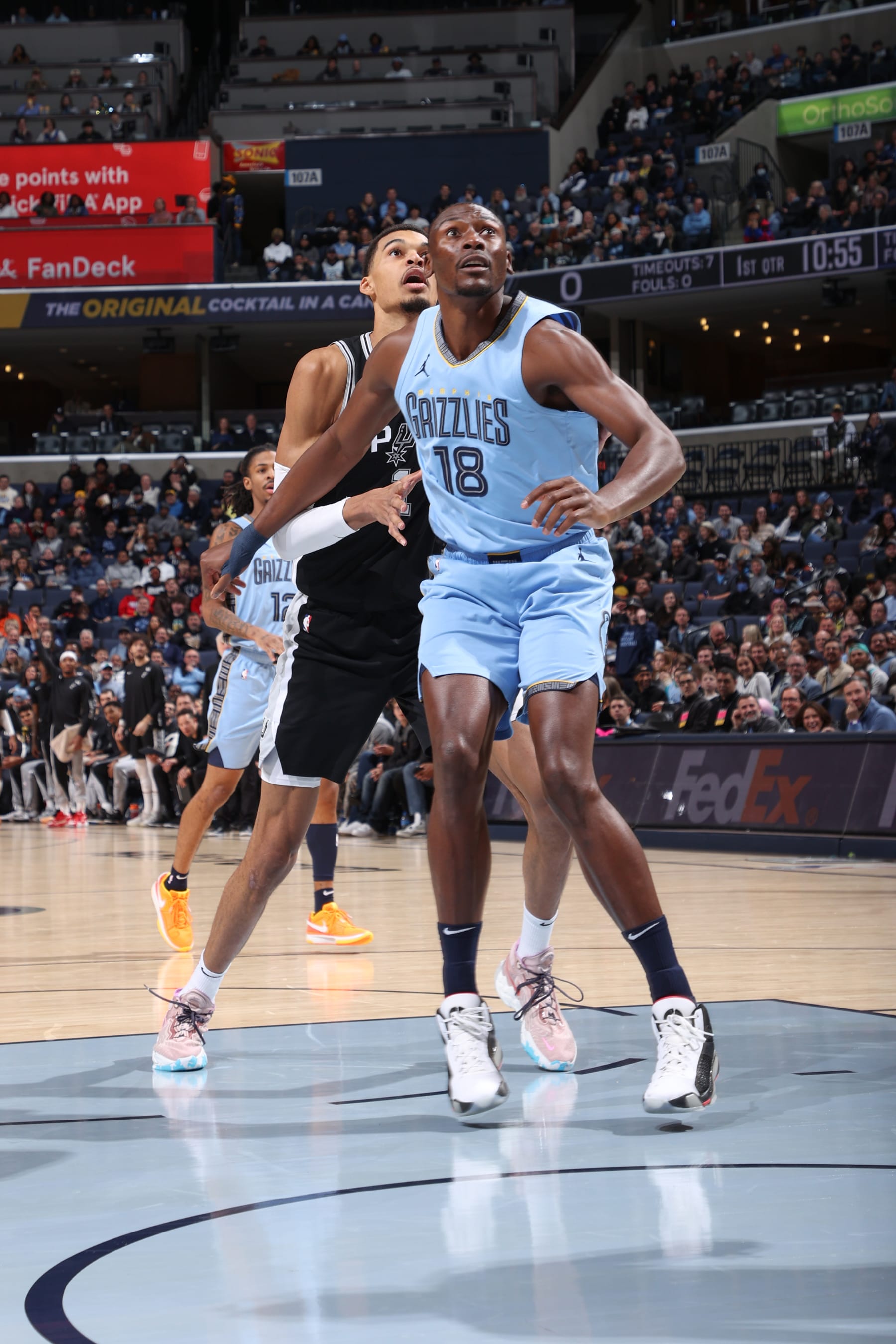 MEMPHIS, TN - JANUARY 2:  Bismack Biyombo #18 of the Memphis Grizzlies boxes out during the game on January 2, 2024 at FedExForum in Memphis, Tennessee. NOTE TO USER: User expressly acknowledges and agrees that, by downloading and or using this photograph, User is consenting to the terms and conditions of the Getty Images License Agreement. Mandatory Copyright Notice: Copyright 2024 NBAE (Photo by Joe Murphy/NBAE via Getty Images)
