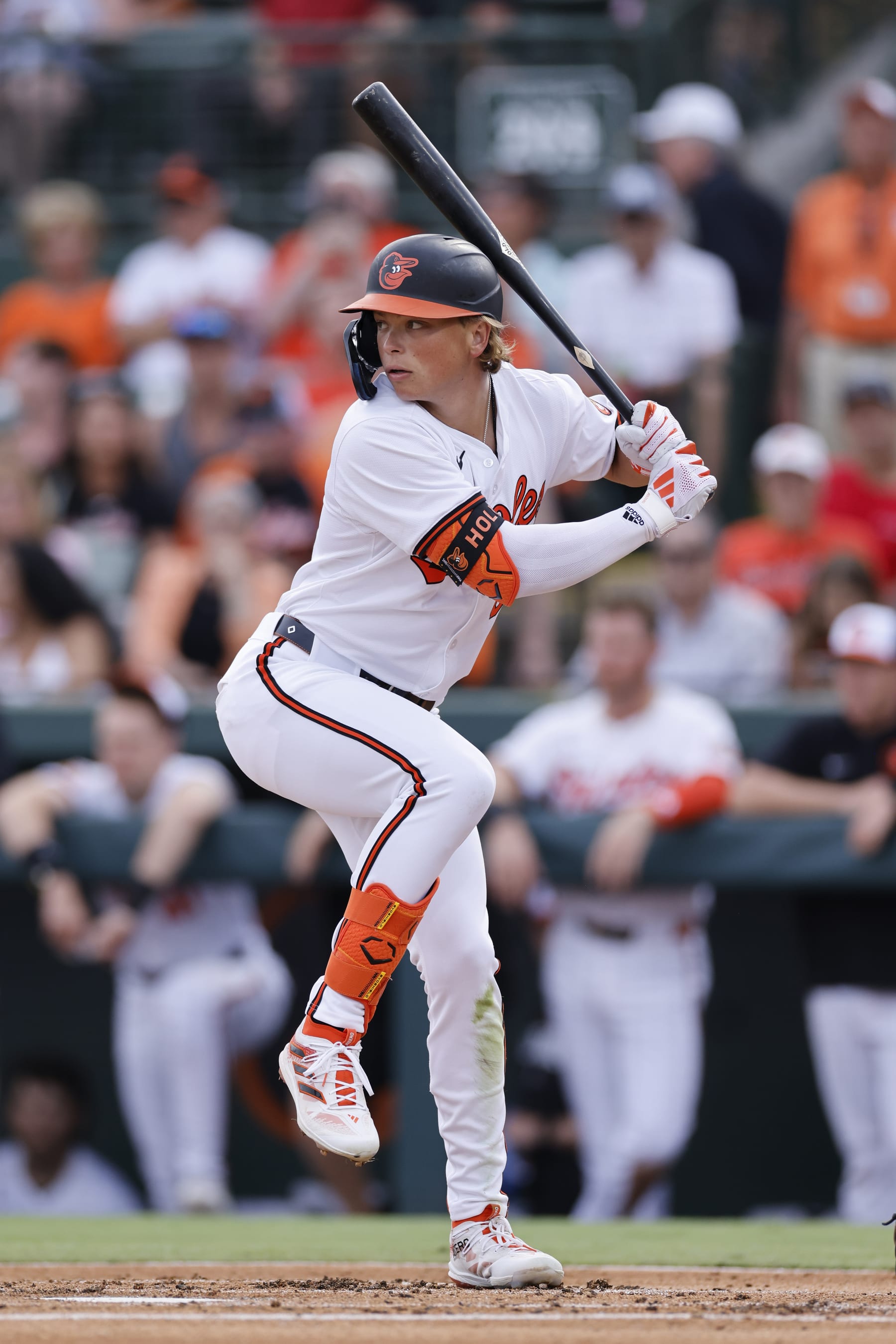 SARASOTA, FL - MARCH 13: Baltimore Orioles second baseman Jackson Holliday (87) bats during an MLB spring training game against the Atlanta Braves on March 13, 2024 at Ed Smith Stadium in Sarasota, Florida. (Photo by Joe Robbins/Icon Sportswire via Getty Images)