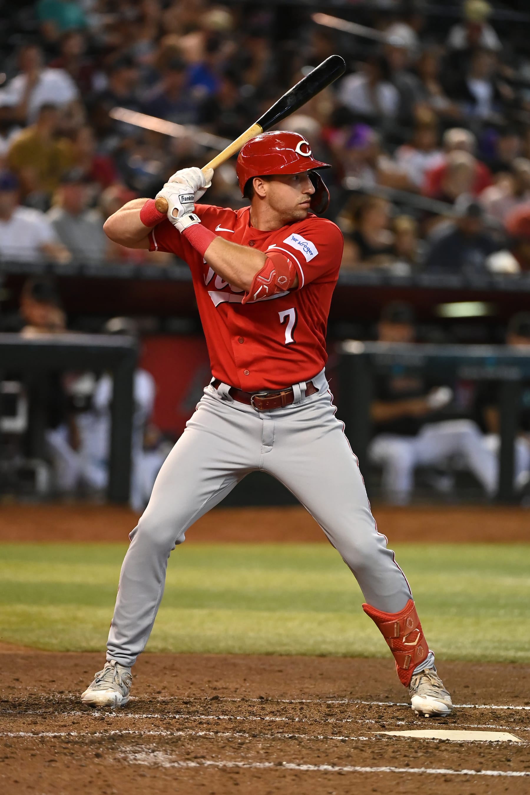 PHOENIX, AZ - AUGUST 27: Spencer Steer #7 of the Cincinnati Reds bats during the game between the Cincinnati Reds and the Arizona Diamondbacks at Chase Field on Sunday, August 27, 2023 in Phoenix, Arizona. (Photo by Norm Hall/MLB Photos via Getty Images)