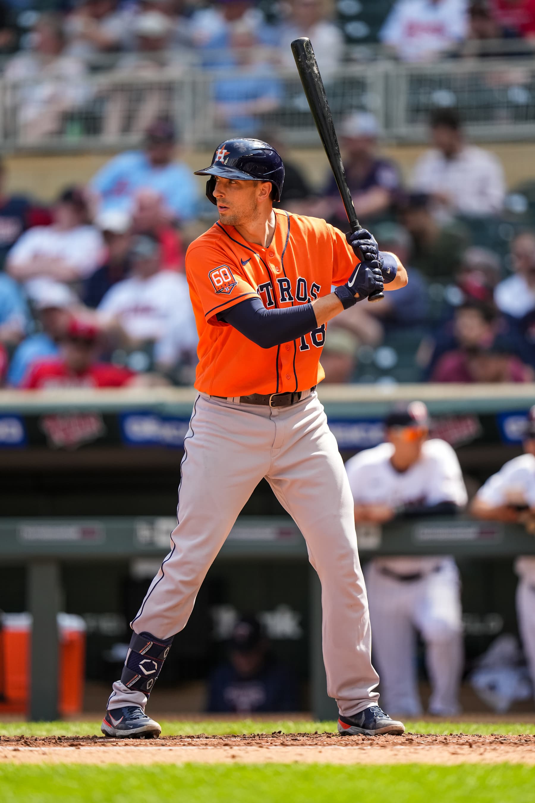 MINNEAPOLIS, MN - MAY 12: Jason Castro #18 of the Houston Astros bats against the Minnesota Twins during game two of a doubleheader on May 12, 2022 at Target Field in Minneapolis, Minnesota. (Photo by Brace Hemmelgarn/Minnesota Twins/Getty Images)
