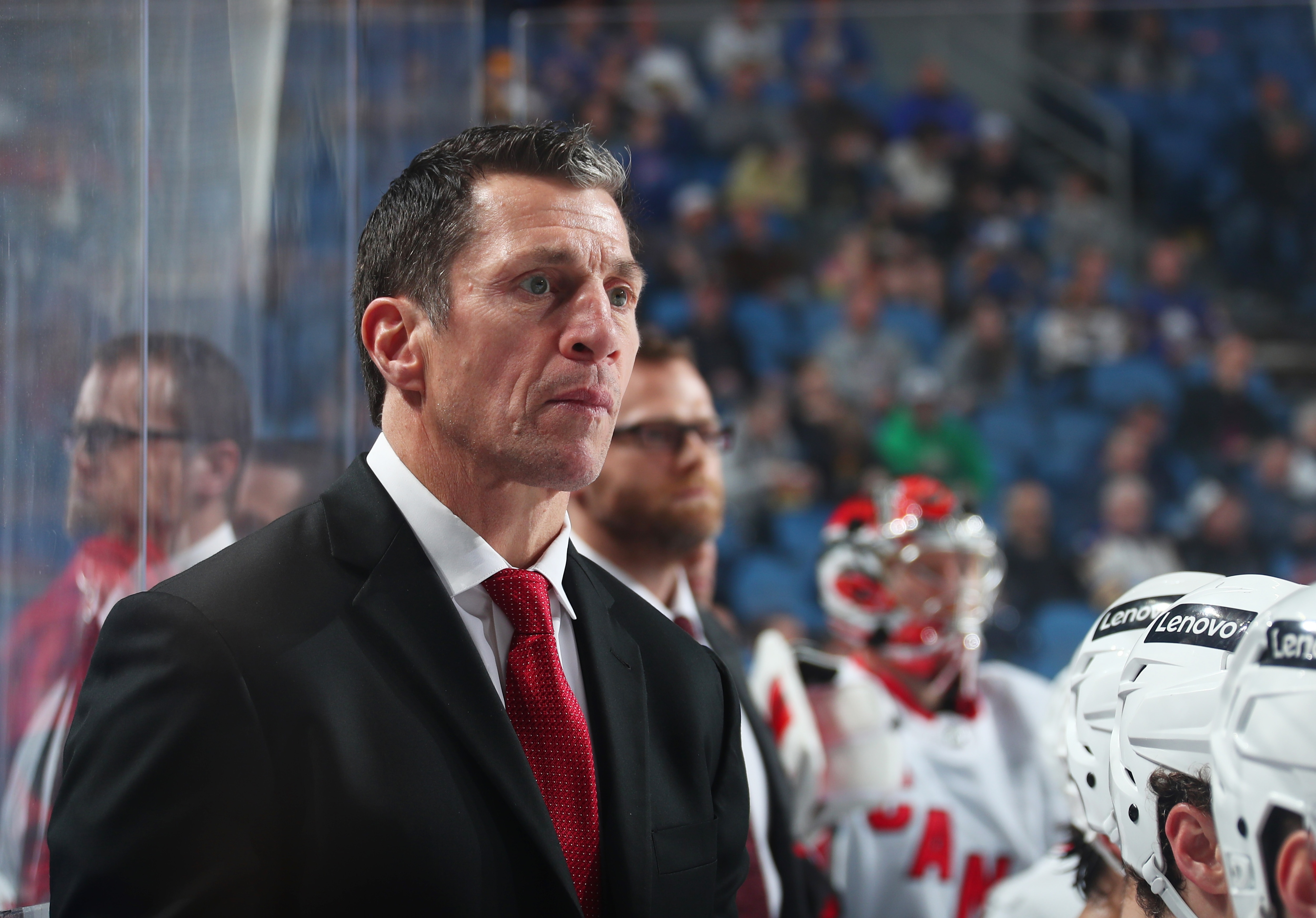 BUFFALO, NY - APRIL 5: Head coach Rob Brind'Amour of the Carolina Hurricanes watches the action against the Buffalo Sabres during an NHL game on April 5, 2022 at KeyBank Center in Buffalo, New York. (Photo by Bill Wippert/NHLI via Getty Images)
