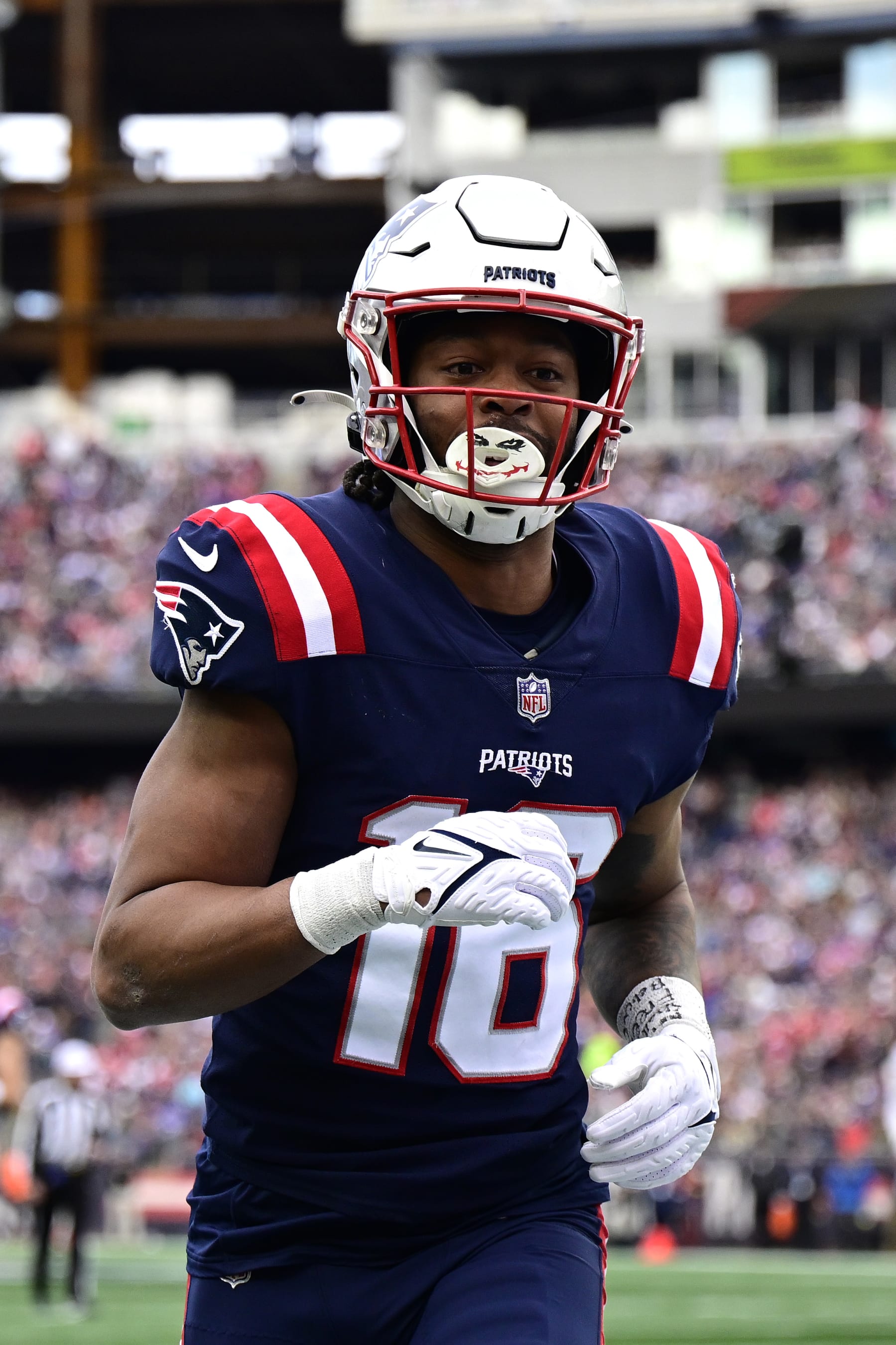 FOXBOROUGH, MASSACHUSETTS - JANUARY 01: Jakobi Meyers #16 of the New England Patriots reacts against the Miami Dolphins at Gillette Stadium on January 01, 2023 in Foxborough, Massachusetts. (Photo by Billie Weiss/Getty Images)