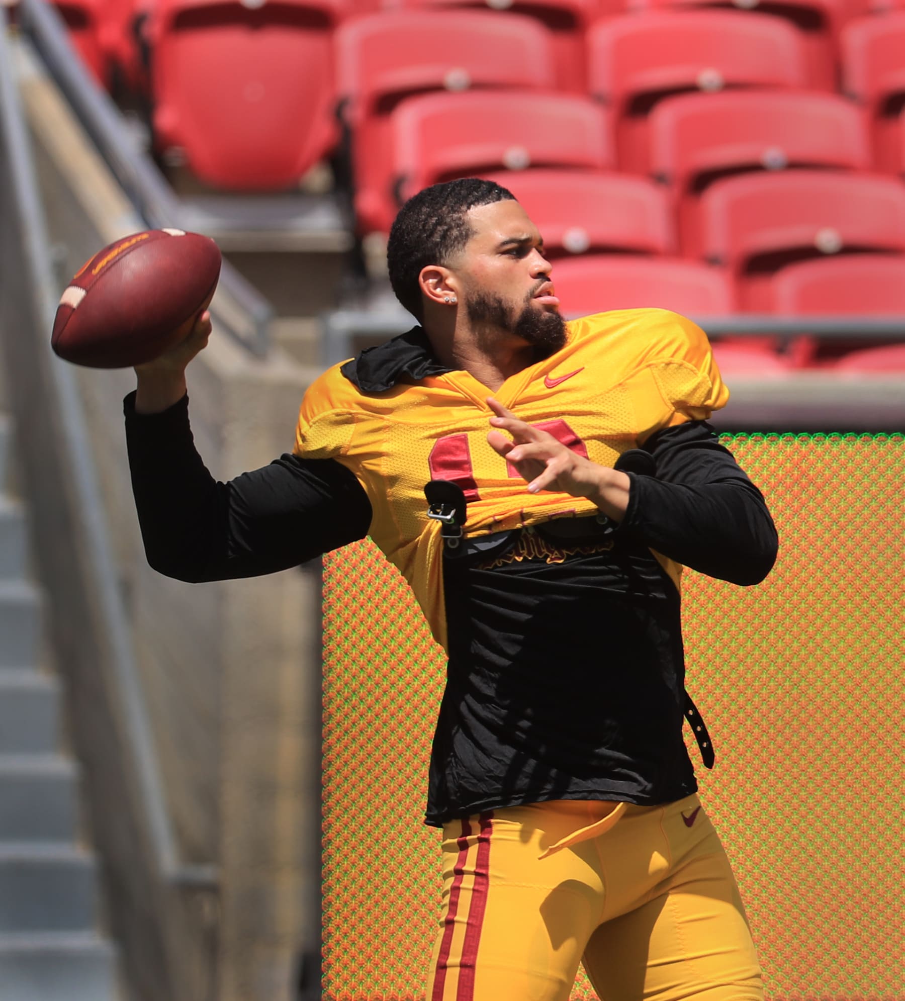 Los Angeles, CA - April 15: USC quarterback and Heisman  Trophy winner Caleb Williams practices during the 2023 USC Football Spring Game at LA Memorial Coliseum in Los Angeles Saturday, April 15, 2023.  (Allen J. Schaben / Los Angeles Times via Getty Images)