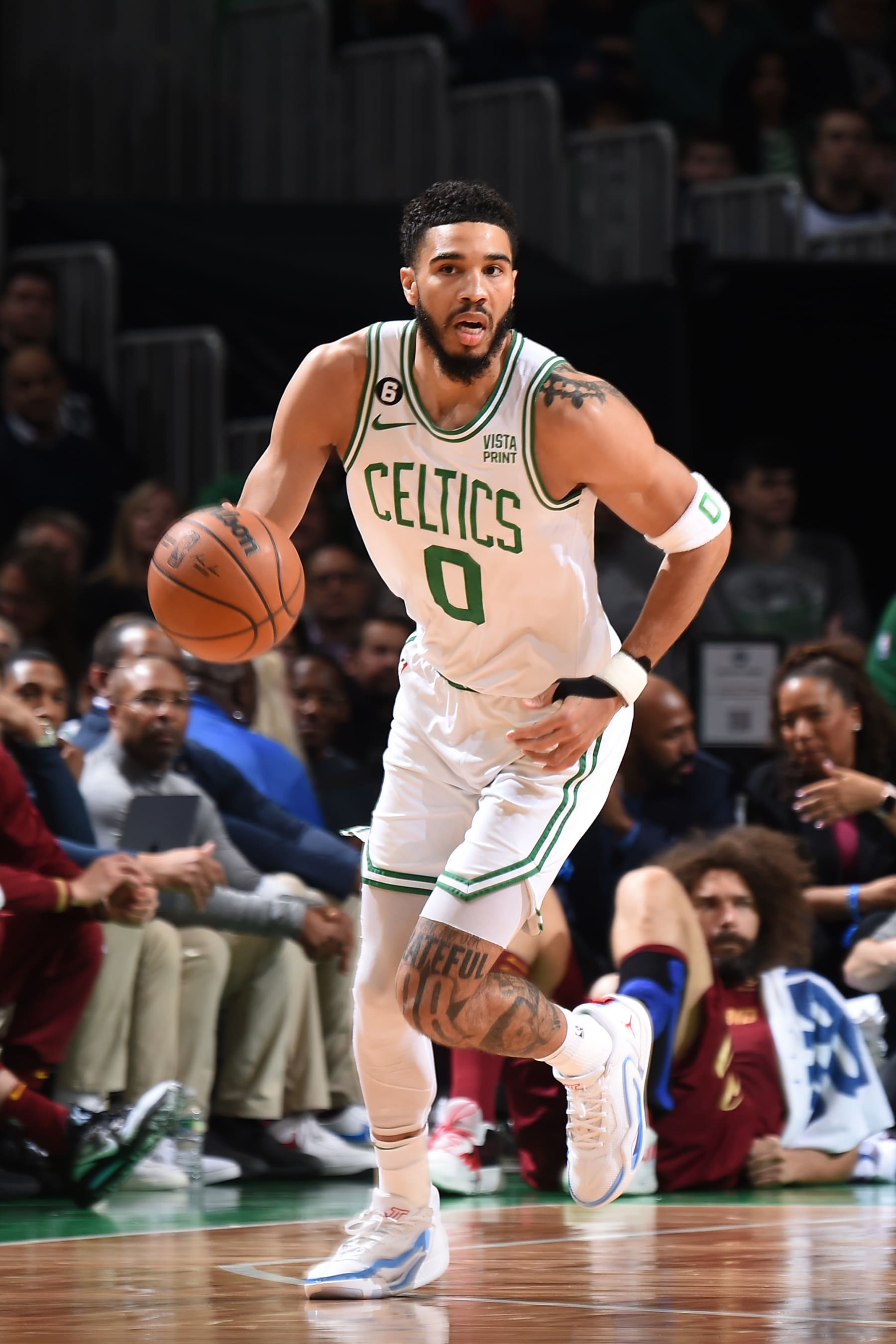 BOSTON, MA - MARCH 1: Jayson Tatum #0 of the Boston Celtics moves the ball during the game against the Cleveland Cavaliers on March 1, 2023 at the TD Garden in Boston, Massachusetts. NOTE TO USER: User expressly acknowledges and agrees that, by downloading and or using this photograph, User is consenting to the terms and conditions of the Getty Images License Agreement. Mandatory Copyright Notice: Copyright 2023 NBAE  (Photo by Brian Babineau/NBAE via Getty Images)