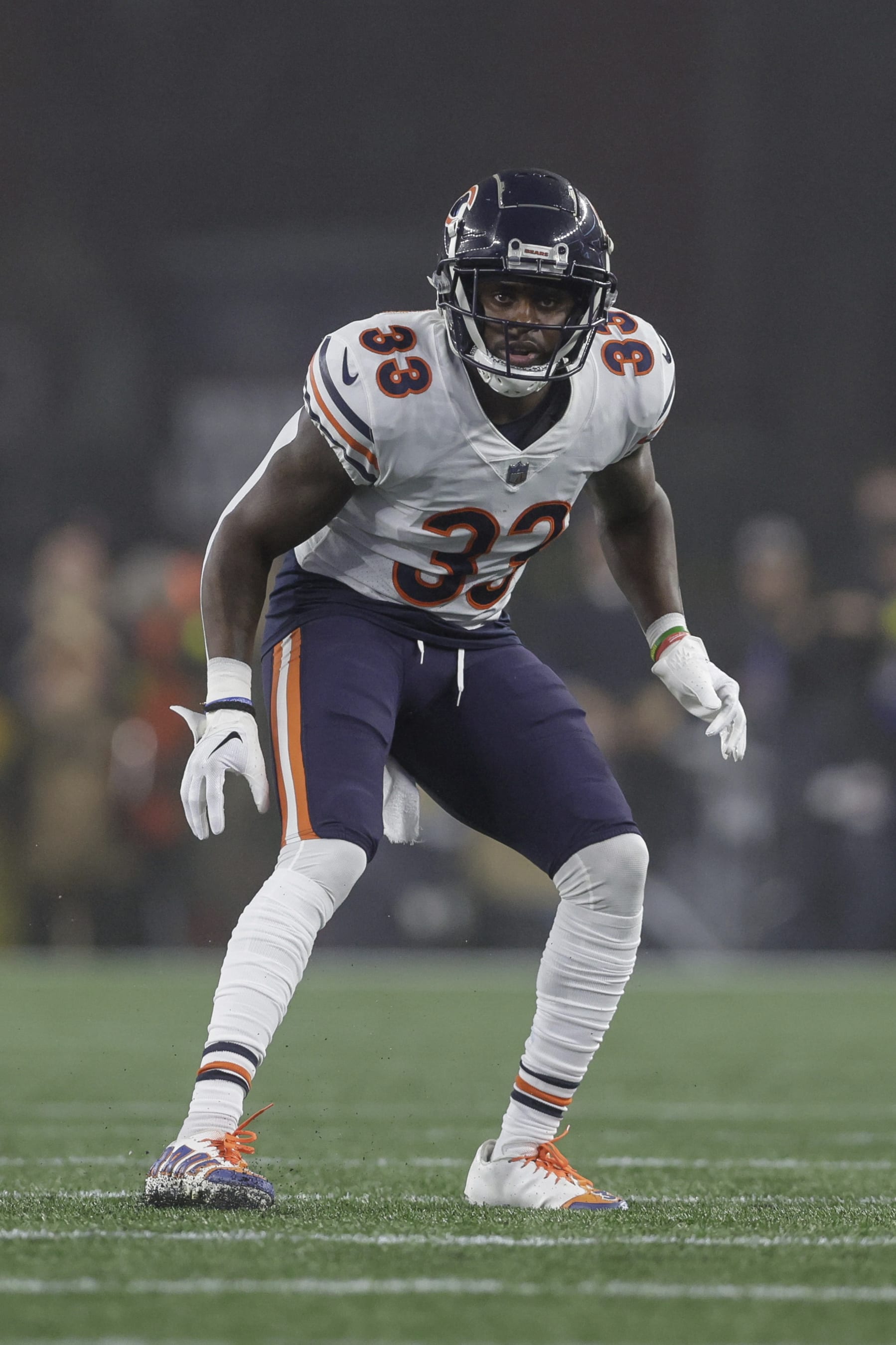 Chicago Bears cornerback Jaylon Johnson (33) defends during the second half of an NFL football game against the New England Patriots, Monday, Oct. 24, 2022, in Foxborough, Mass. (AP Photo/Stew Milne)