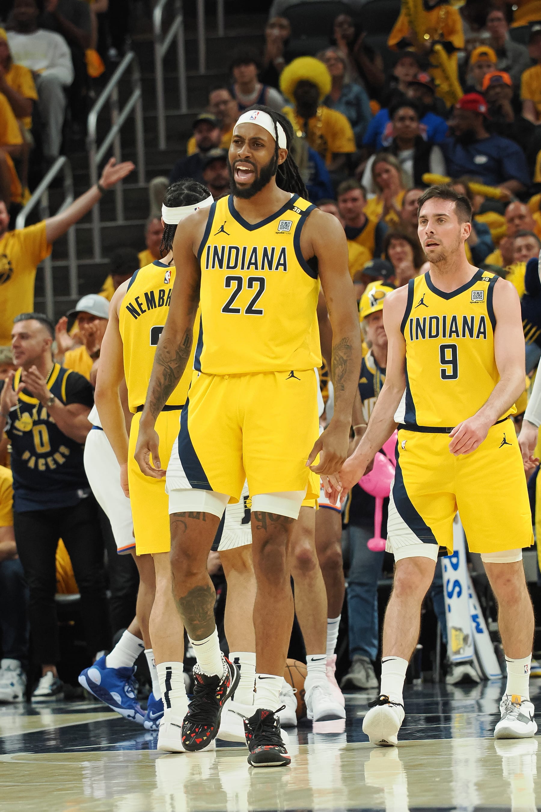 INDIANAPOLIS, IN - MAY 17: Isaiah Jackson #22 of the Indiana Pacers celebrates during the game against the New York Knicks during Round 2 Game 6 of the 2024 NBA Playoffs on May 17, 2024 at Gainbridge Fieldhouse in Indianapolis, Indiana. NOTE TO USER: User expressly acknowledges and agrees that, by downloading and or using this Photograph, user is consenting to the terms and conditions of the Getty Images License Agreement. Mandatory Copyright Notice: Copyright 2024 NBAE (Photo by Ron Hoskins/NBAE via Getty Images)