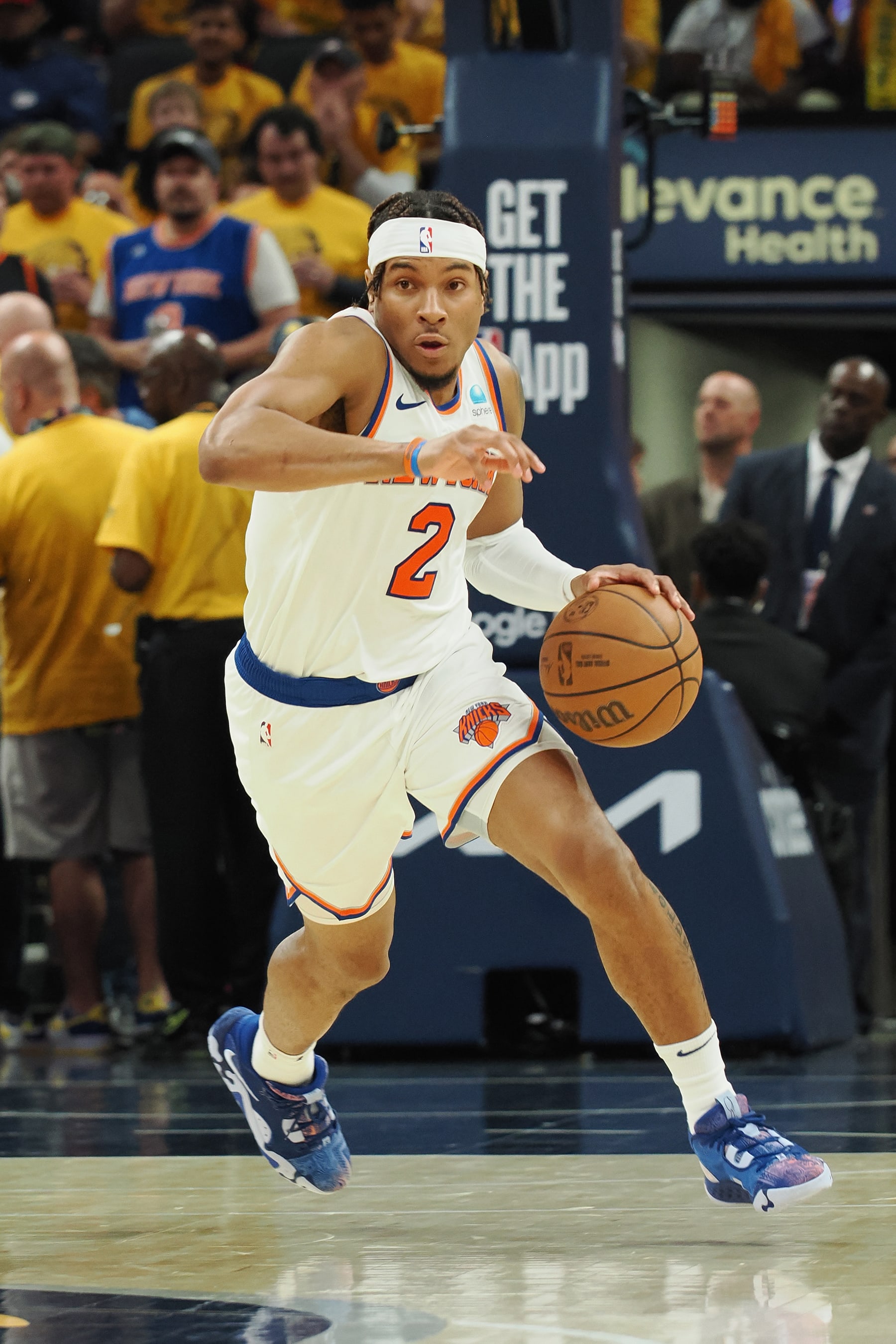 INDIANAPOLIS, IN - MAY 17: Miles McBride #2 of the New York Knicks dribbles the ball during the game against the Indiana Pacers during Round 2 Game 6 of the 2024 NBA Playoffs on May 17, 2024 at Gainbridge Fieldhouse in Indianapolis, Indiana. NOTE TO USER: User expressly acknowledges and agrees that, by downloading and or using this Photograph, user is consenting to the terms and conditions of the Getty Images License Agreement. Mandatory Copyright Notice: Copyright 2024 NBAE (Photo by Ron Hoskins/NBAE via Getty Images)