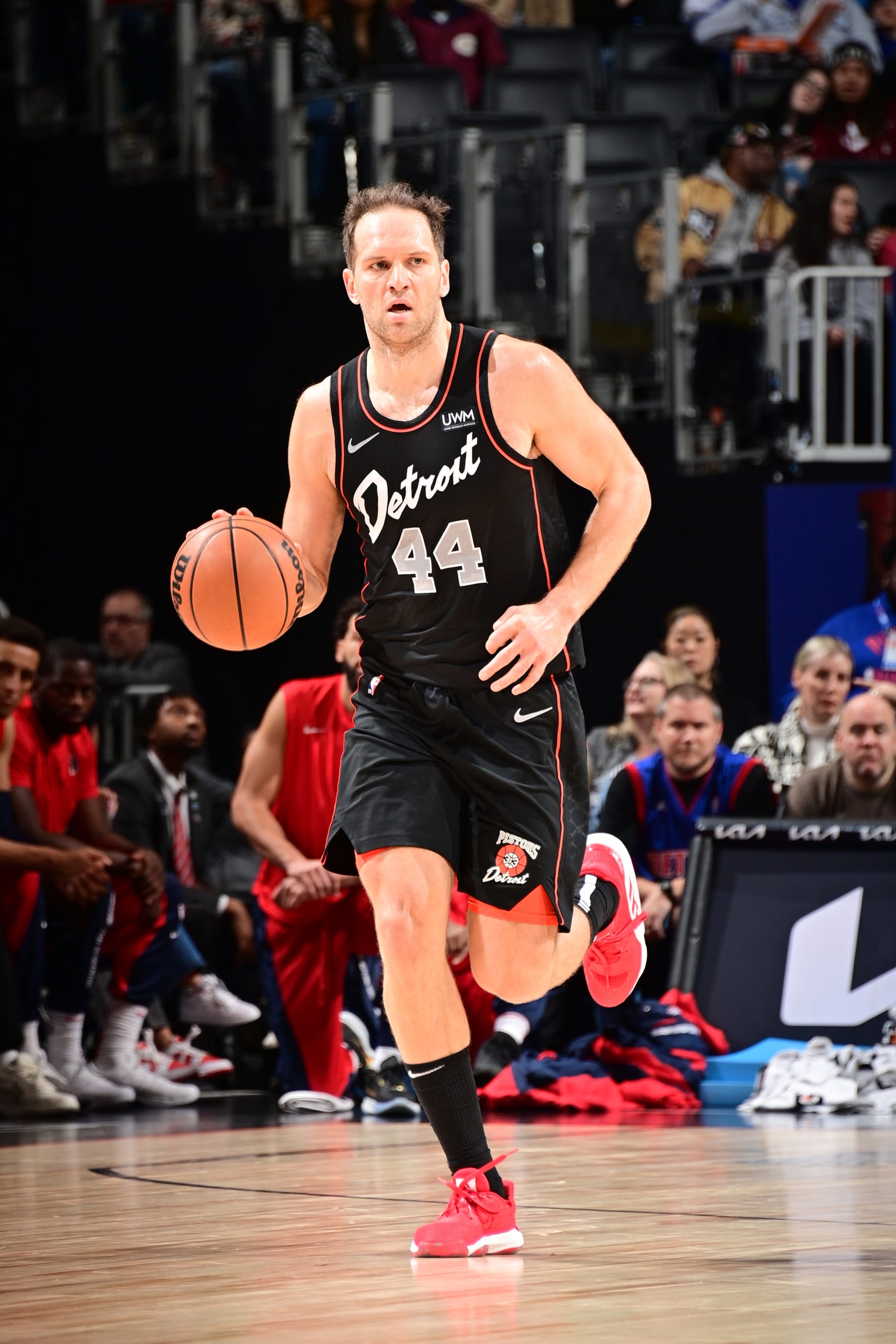 DETROIT, MI - JANUARY 27: Bojan Bogdanovic #44 of the Detroit Pistons dribbles the ball during the game against the Washington Wizards on January 27, 2024 at Little Caesars Arena in Detroit, Michigan. NOTE TO USER: User expressly acknowledges and agrees that, by downloading and/or using this photograph, User is consenting to the terms and conditions of the Getty Images License Agreement. Mandatory Copyright Notice: Copyright 2024 NBAE (Photo by Chris Schwegler/NBAE via Getty Images)