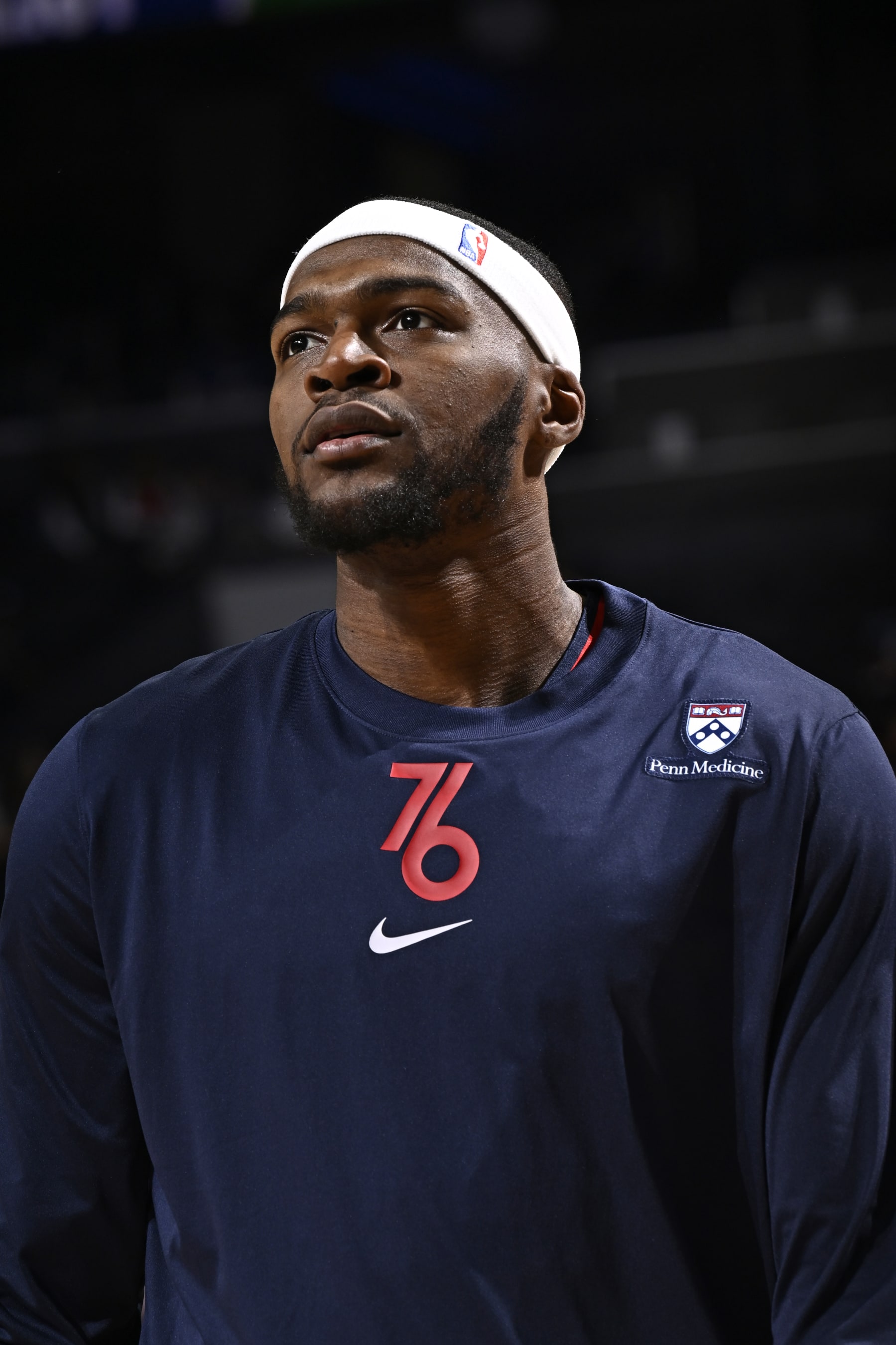 PHILADELPHIA, PA - APRIL 9: Paul Reed #44 of the Philadelphia 76ers looks on before the game against the Detroit Pistons on April 9, 2024 at the Wells Fargo Center in Philadelphia, Pennsylvania NOTE TO USER: User expressly acknowledges and agrees that, by downloading and/or using this Photograph, user is consenting to the terms and conditions of the Getty Images License Agreement. Mandatory Copyright Notice: Copyright 2024 NBAE (Photo by David Dow/NBAE via Getty Images)