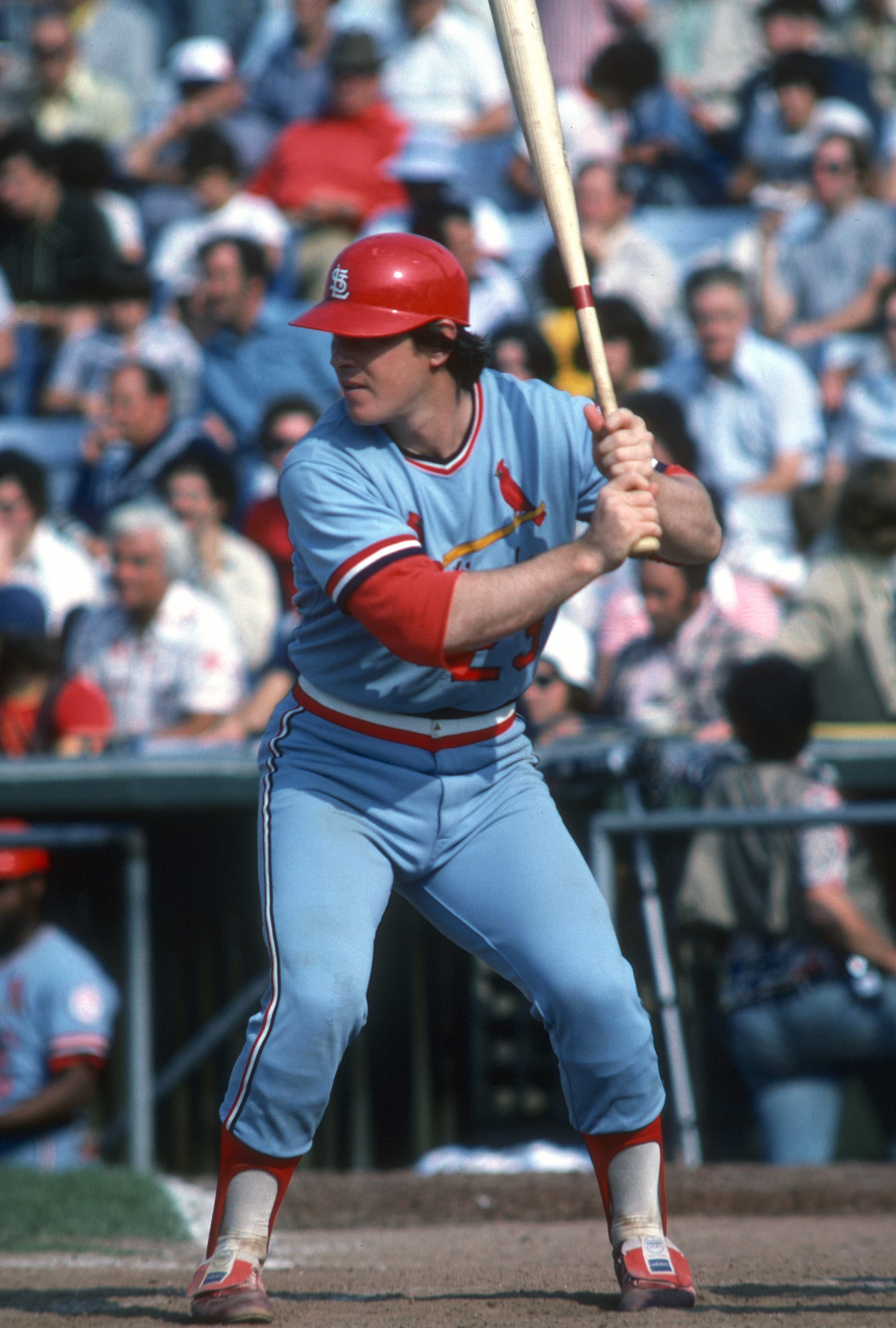 UNSPECIFIED - CIRCA 1976: Catcher Ted Simmons #23 of the St. Louis Cardinals bats during an Major League Baseball game circa 1976. Simmons played for the Cardinals from 1968-80. (Photo by Focus on Sport/Getty Images) 