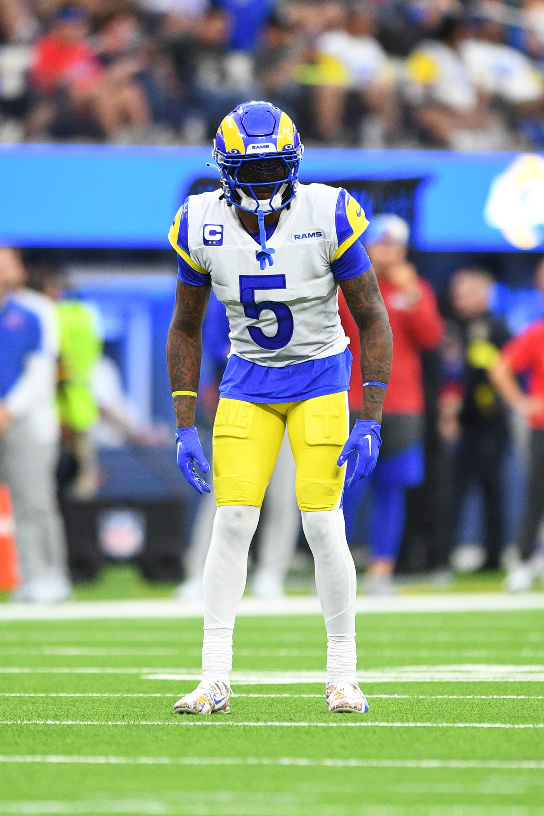 INGLEWOOD, CA - SEPTEMBER 08: Los Angeles Rams cornerback Jalen Ramsey (5) looks on during the NFL game between the Buffalo Bills and the Los Angeles Rams on September 8, 2022, at SoFi Stadium in Inglewood, CA. (Photo by Brian Rothmuller/Icon Sportswire via Getty Images)
