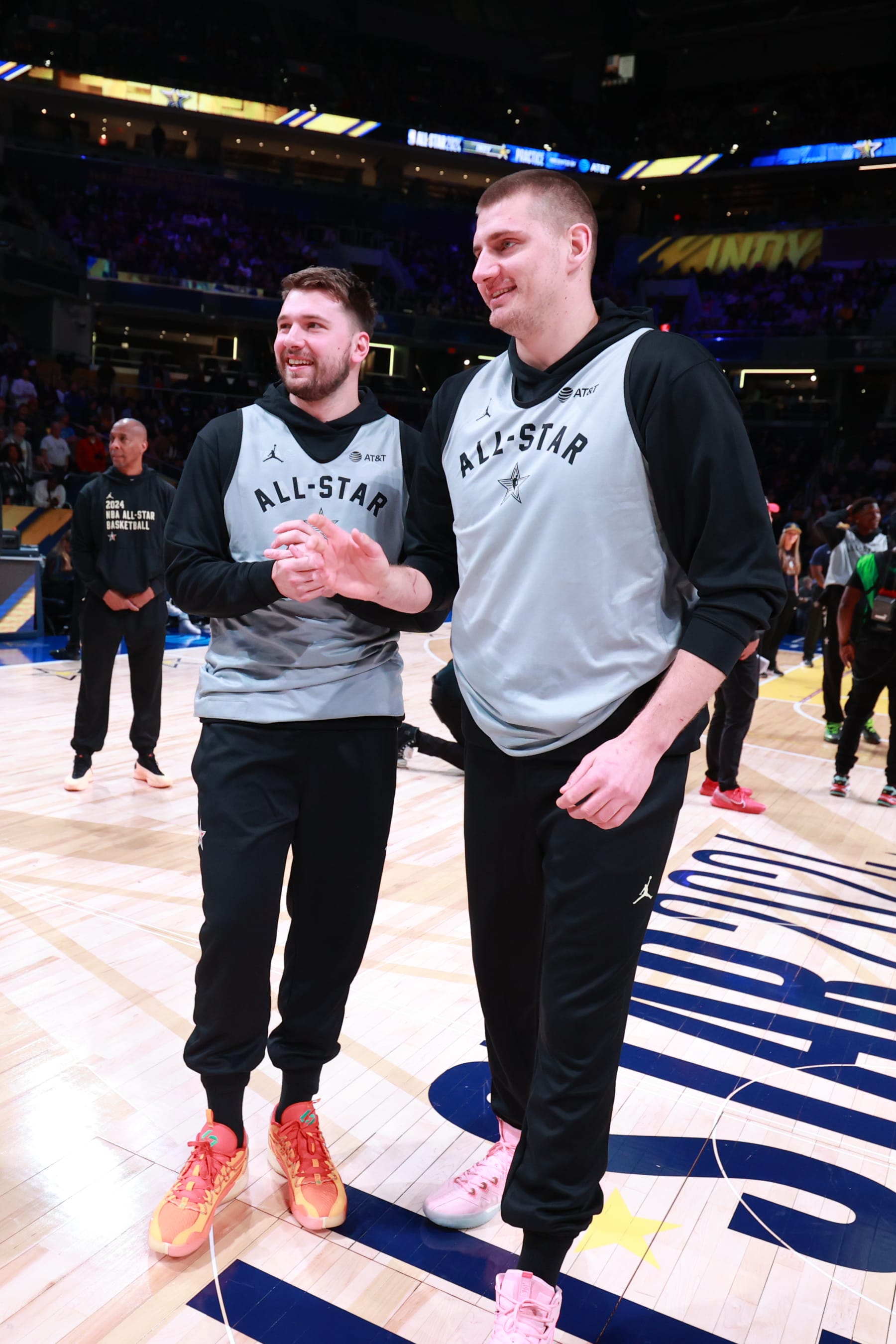 INDIANAPOLIS, IN - FEBRUARY 17: Nikola Jokic #15 of the Western Conference talks to Luka Doncic #77 of the Western Conference during the NBA All-Star Practice presented by AT&T as part of NBA All-Star Weekend on Saturday, February 17, 2024 at Gainbridge Fieldhouse in Indianapolis, Indiana. NOTE TO USER: User expressly acknowledges and agrees that, by downloading and/or using this Photograph, user is consenting to the terms and conditions of the Getty Images License Agreement. Mandatory Copyright Notice: Copyright 2024 NBAE (Photo by Nathaniel S. Butler/NBAE via Getty Images)