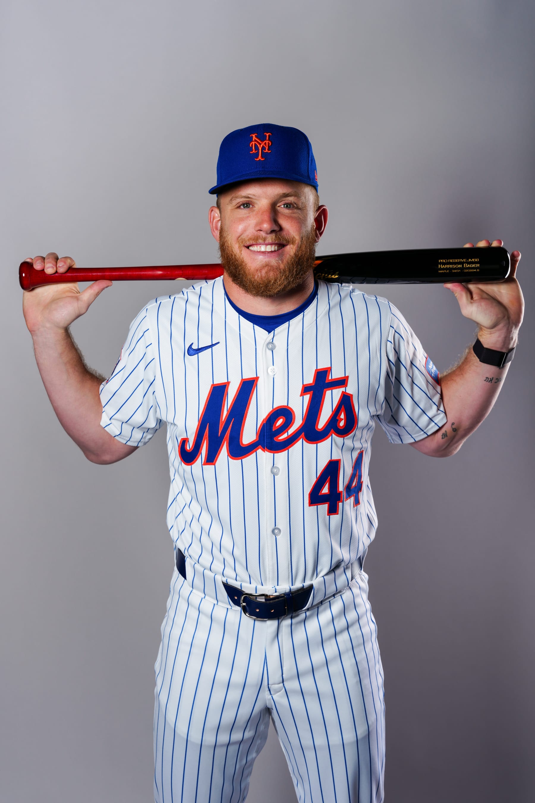 PORT ST. LUCIE, FL - FEBRUARY 22: Harrison Bader #44 of the New York Mets poses for a photo during the New York Mets Photo Day at Clover Park on Thursday, February 22, 2024 in Port St. Lucie, Florida. (Photo by Daniel Shirey/MLB Photos via Getty Images)