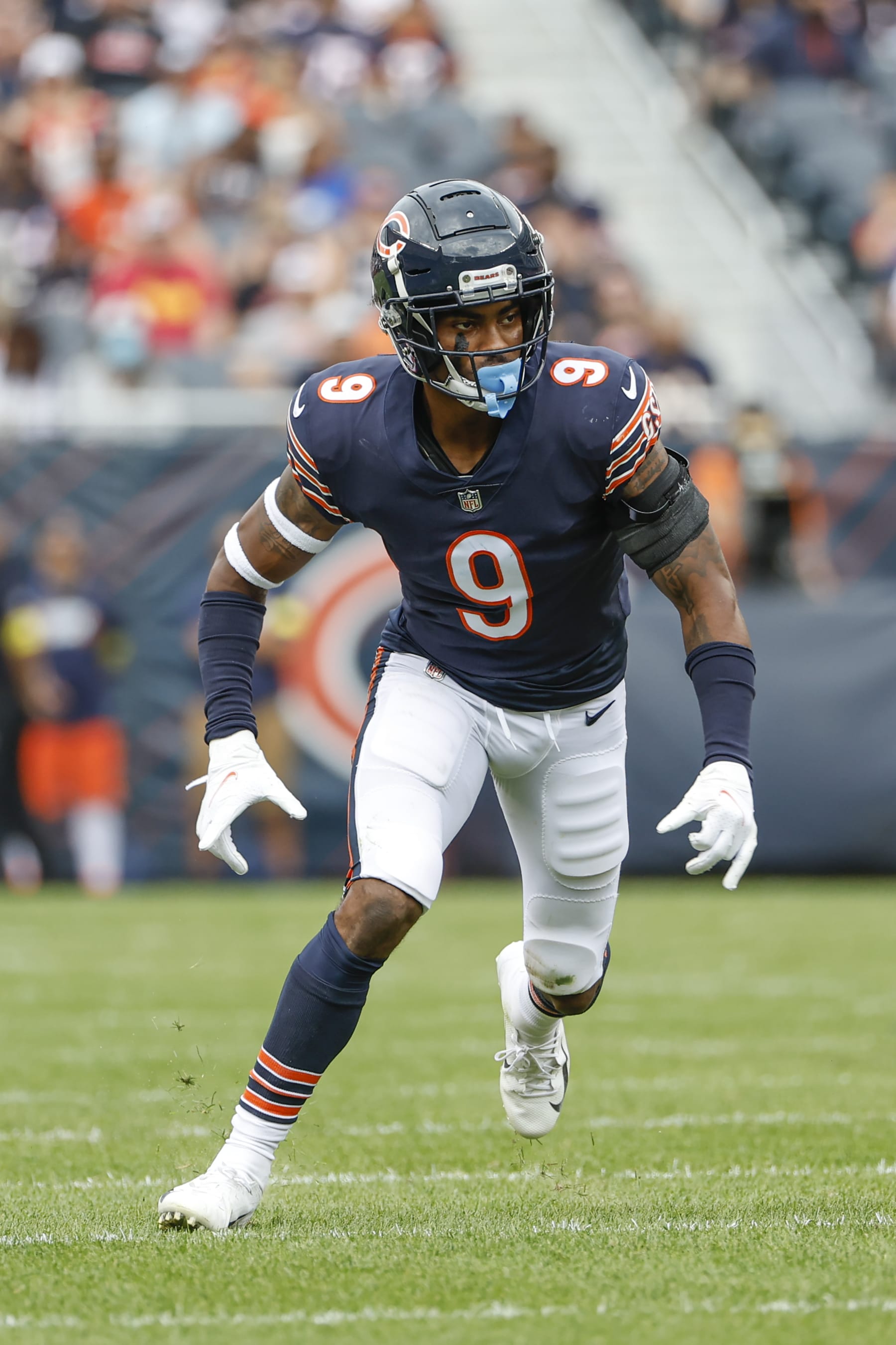 Chicago Bears safety Jaquan Brisker (9) runs on the field during the first half of a preseason NFL football game against the Kansas City Chiefs, Saturday, Aug. 13, 2022, in Chicago. (AP Photo/Kamil Krzaczynski)