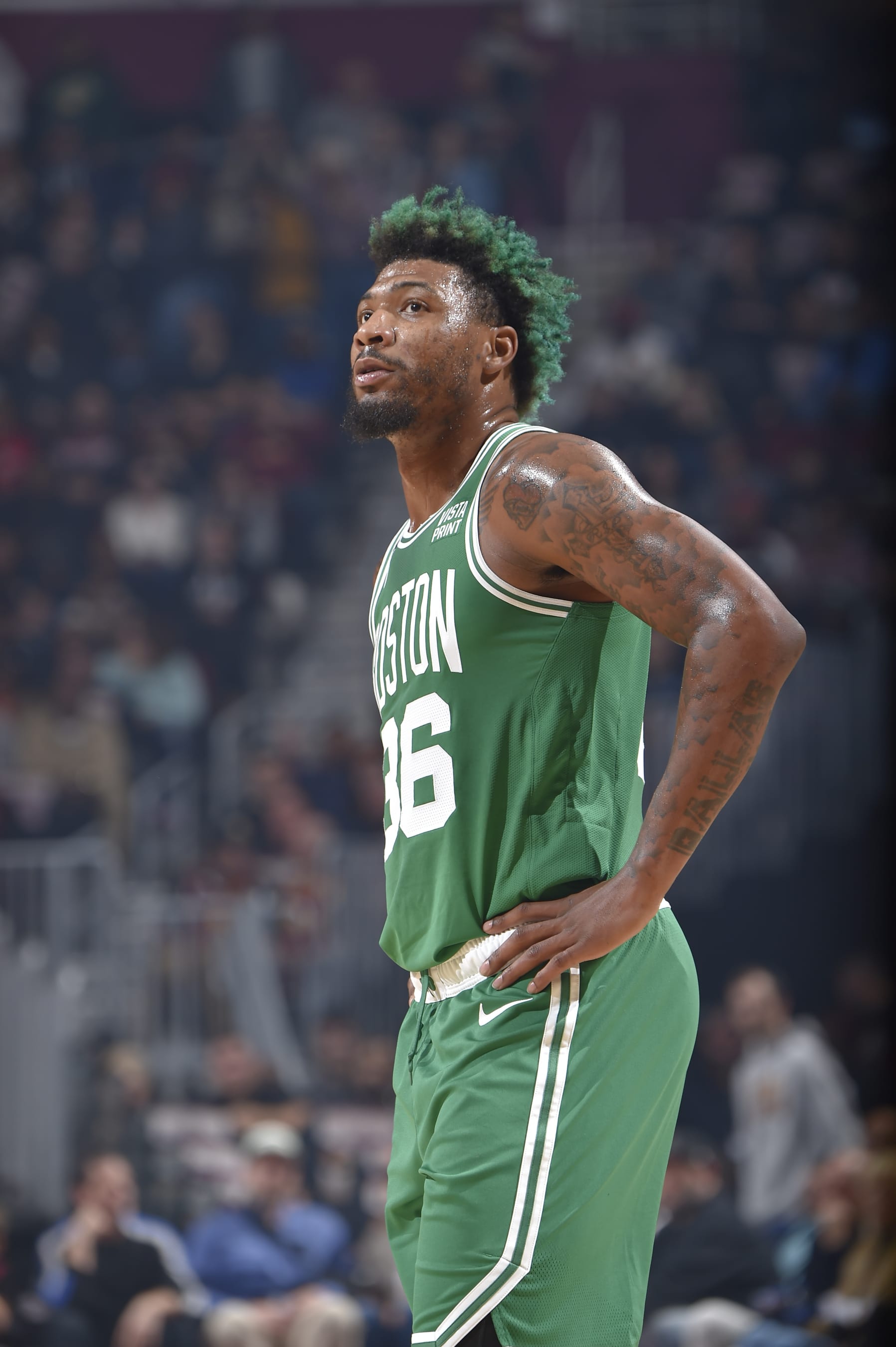 CLEVELAND, OH - NOVEMBER 2: Marcus Smart #36 of the Boston Celtics looks on during the game against the Cleveland Cavaliers  on November 2, 2022 at Rocket Mortgage FieldHouse in Cleveland, Ohio. NOTE TO USER: User expressly acknowledges and agrees that, by downloading and/or using this Photograph, user is consenting to the terms and conditions of the Getty Images License Agreement. Mandatory Copyright Notice: Copyright 2022 NBAE (Photo by David Liam Kyle/NBAE via Getty Images)