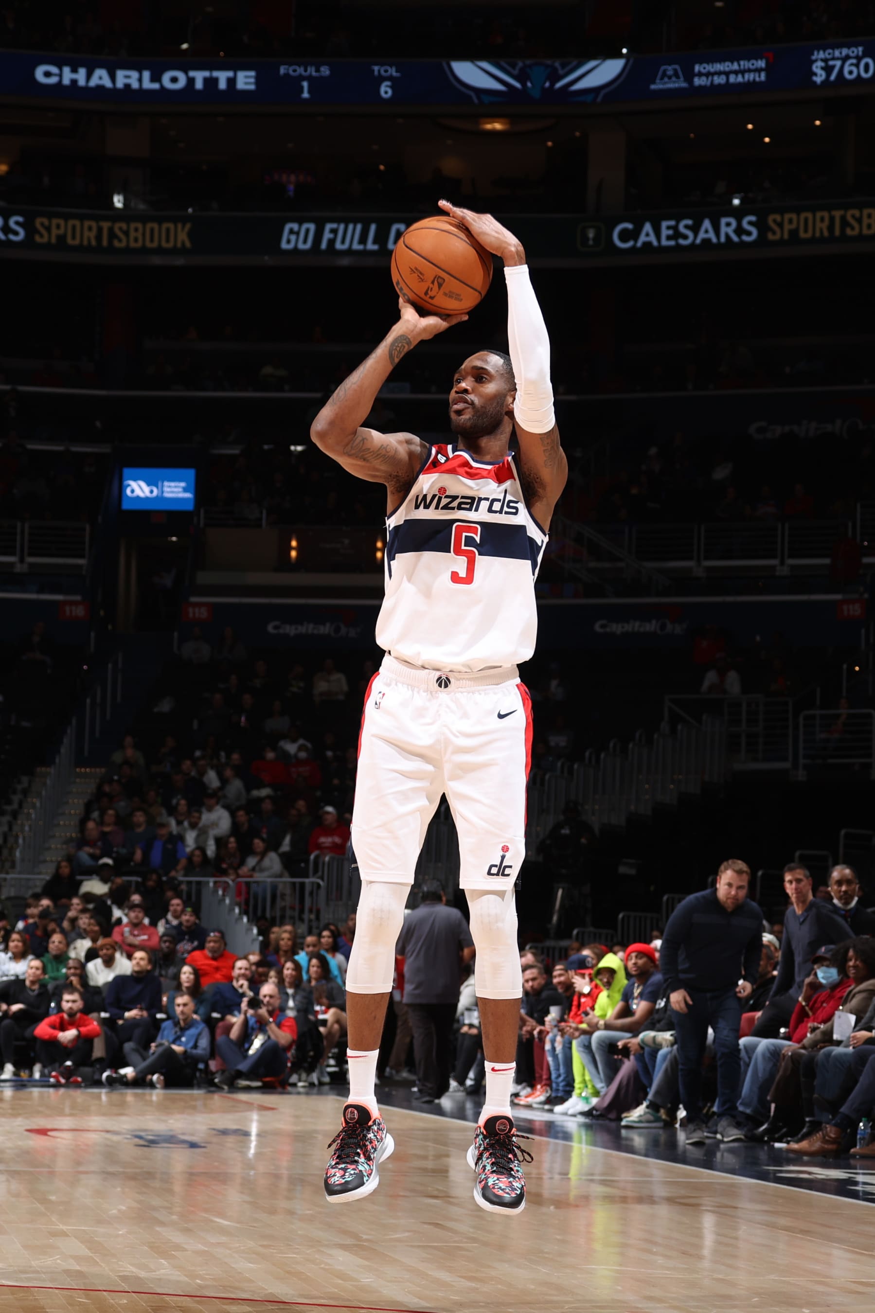 WASHINGTON, DC -  FEBRUARY 8: Will Barton #5 of the Washington Wizards shoots the ball during the game against the Charlotte Hornets on February 8, 2023 at Capital One Arena in Washington, DC. NOTE TO USER: User expressly acknowledges and agrees that, by downloading and or using this Photograph, user is consenting to the terms and conditions of the Getty Images License Agreement. Mandatory Copyright Notice: Copyright 2023 NBAE (Photo by Stephen Gosling/NBAE via Getty Images)