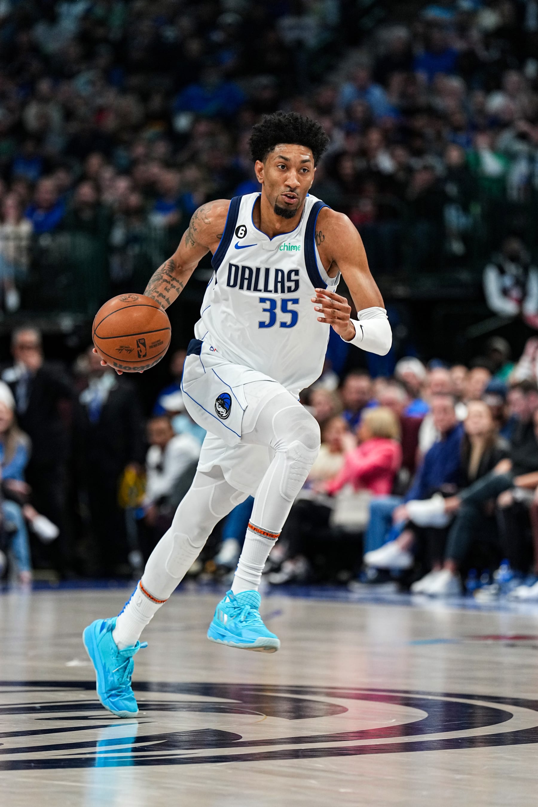DALLAS, TX - JANUARY 18: Christian Wood #35 of the Dallas Mavericks dribbles the ball against the Atlanta Hawks on January 18, 2023 at the American Airlines Center in Dallas, Texas. NOTE TO USER: User expressly acknowledges and agrees that, by downloading and or using this Photograph, user is consenting to the terms and conditions of the Getty Images License Agreement. Mandatory Copyright Notice: Copyright 2023 NBAE (Photo by Glenn James/NBAE via Getty Images)