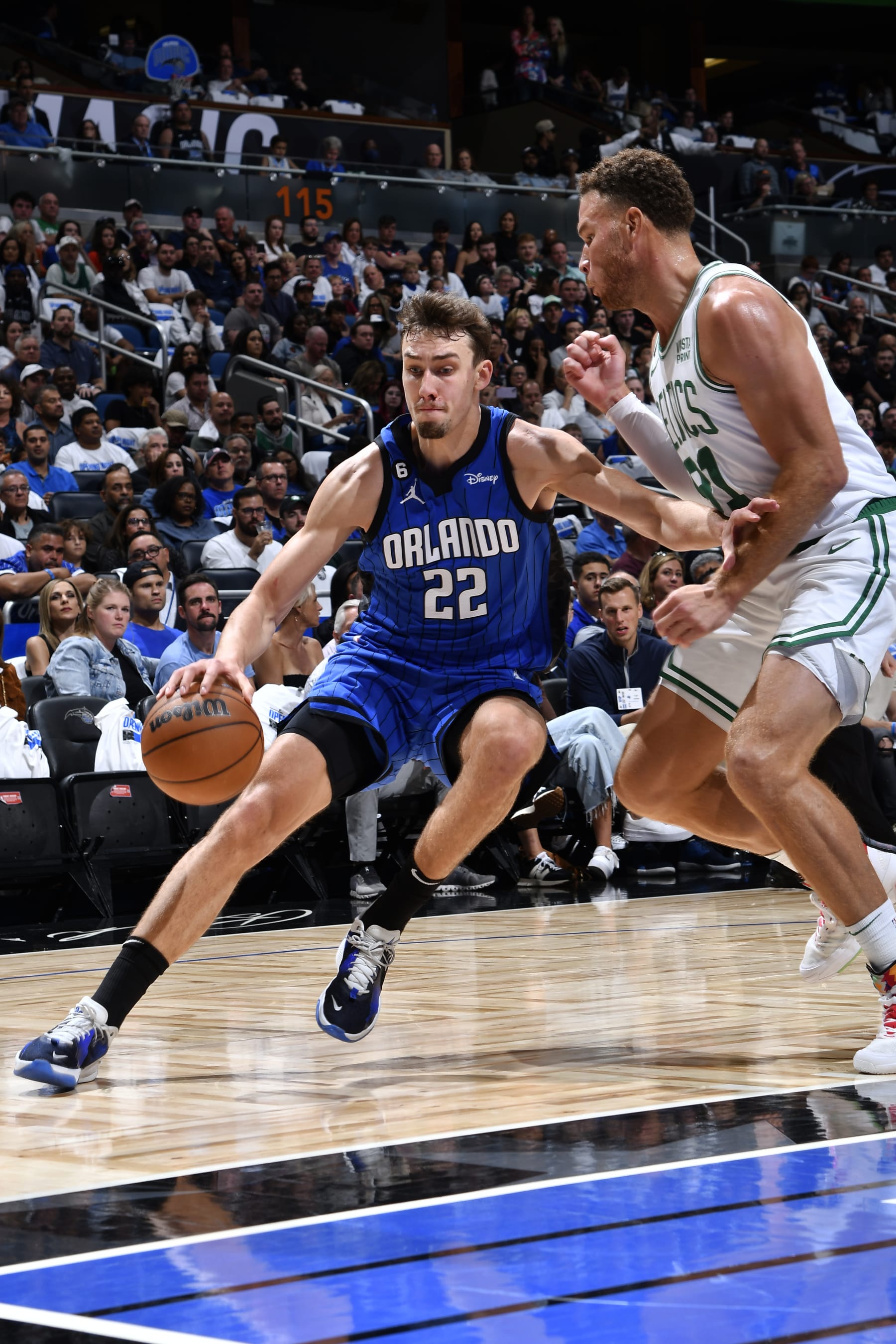 ORLANDO, FL - OCTOBER 22: Franz Wagner #22 of the Orlando Magic handles the ball during the game against the Boston Celtics on October 22, 2022 at Amway Center in Orlando, Florida. NOTE TO USER: User expressly acknowledges and agrees that, by downloading and or using this photograph, User is consenting to the terms and conditions of the Getty Images License Agreement. Mandatory Copyright Notice: Copyright 2022 NBAE (Photo by Fernando Medina/NBAE via Getty Images)